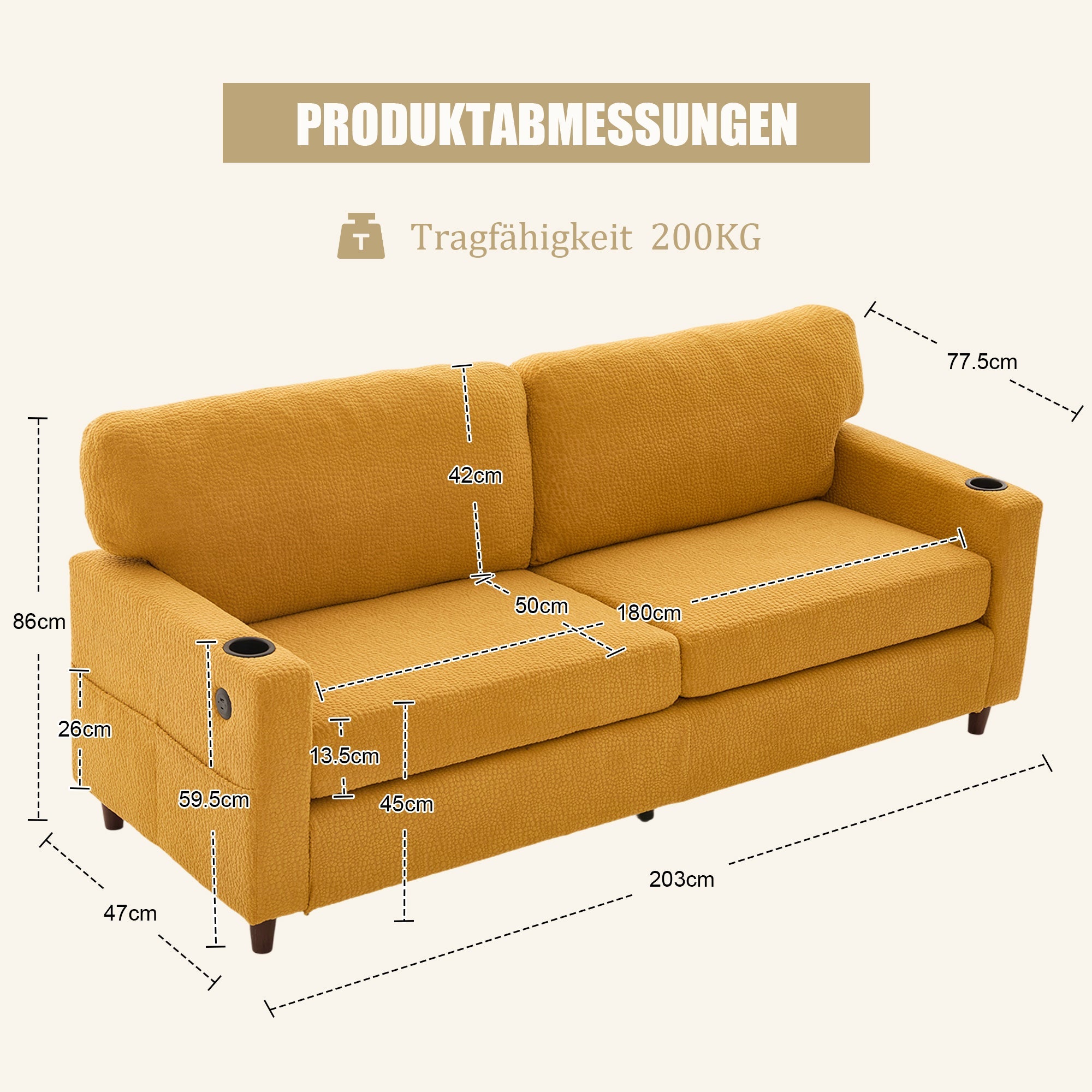 2-Seater Sofa USB-C LED Cup Holders Storage - Mustard Yellow Chenille