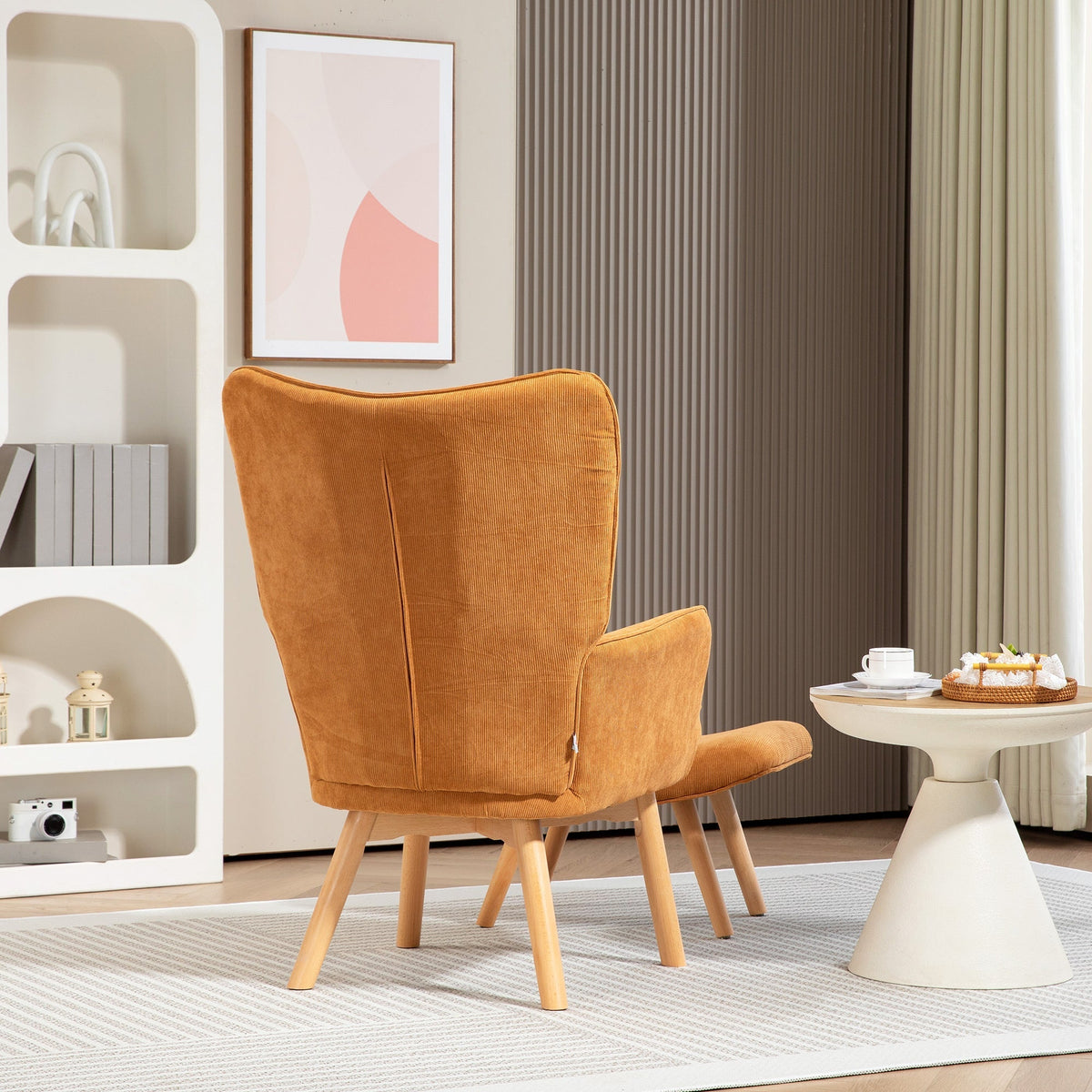 Armchair Footstool Wingback High Back Tufted Wooden Legs Corduroy Brown