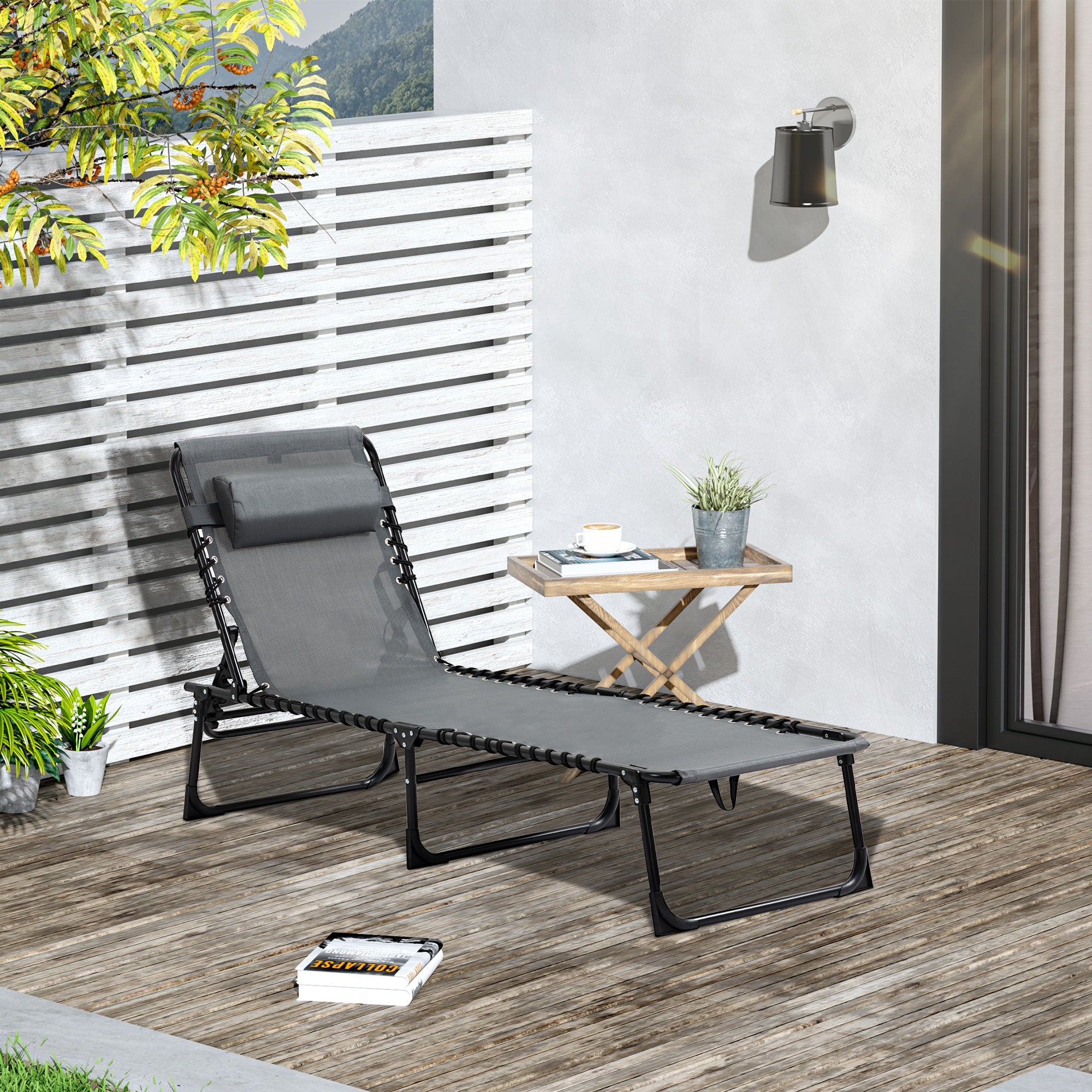 Outsuuny Folding Sun Lounger, 5-Position Adjustable Backrest, Weatherproof, Grey