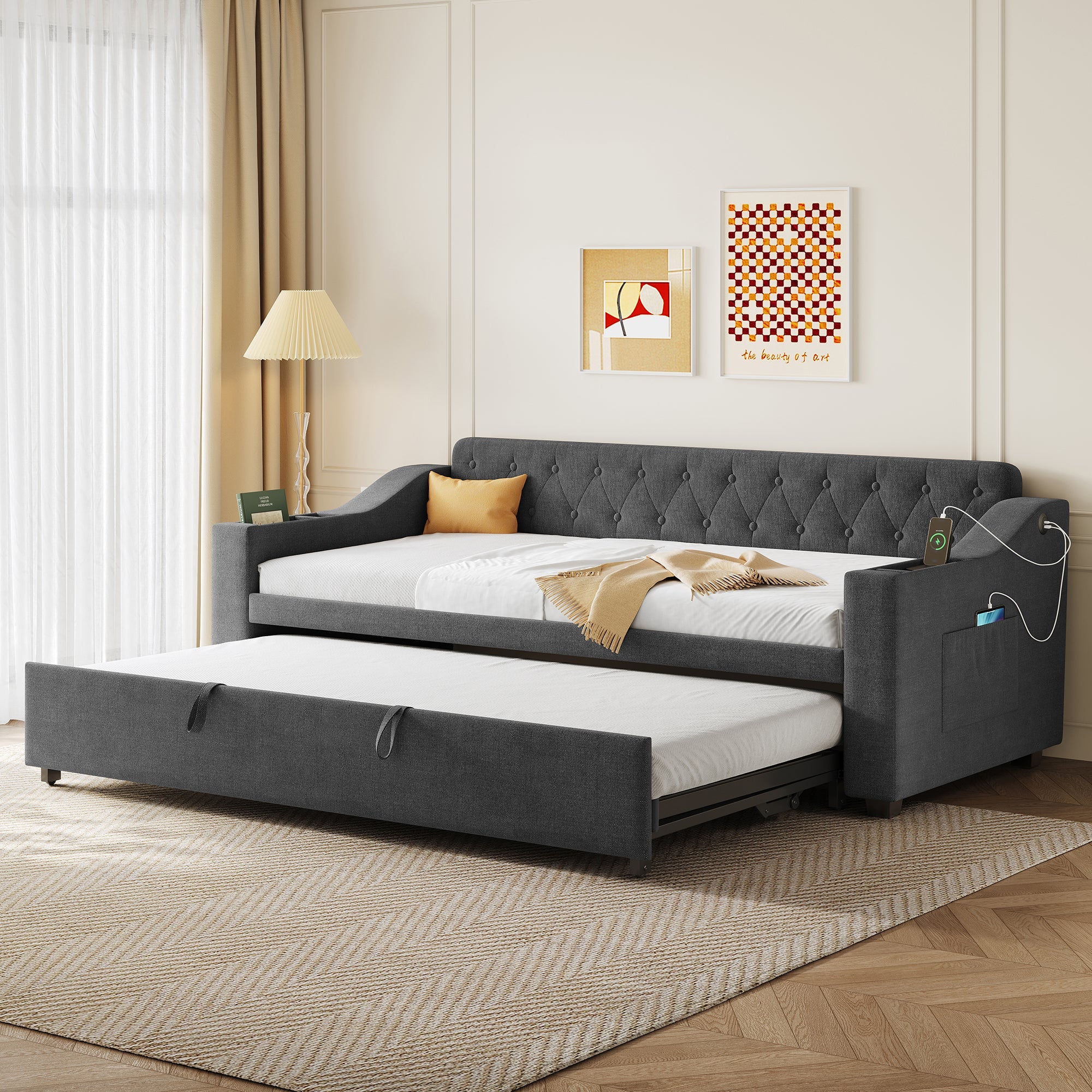 Upholstered Daybed Sofa with Trundle, Charging Station and Armrest Storage, Linen Grey