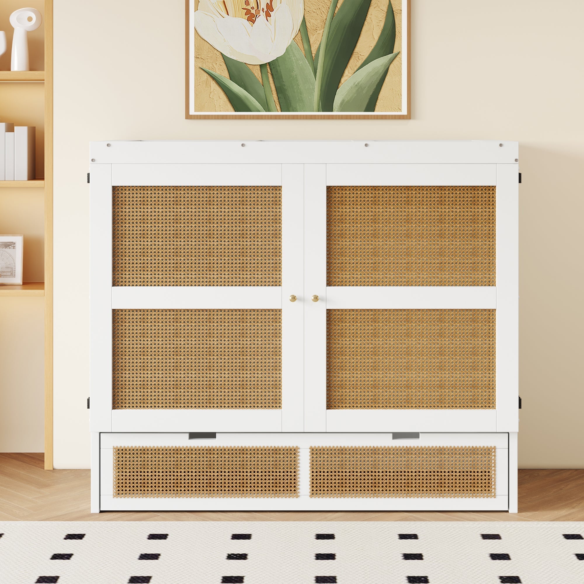 Murphy Bed with Rattan Cabinet Doors and Integrated Storage, White