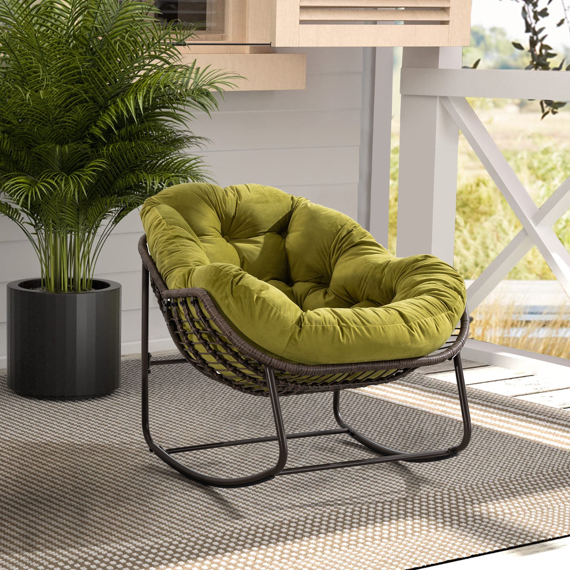 Outdoor Rattan Rocking Chair Padded Cushion Rocker Recliner Olive Green