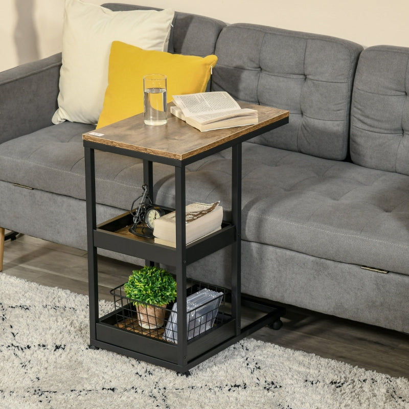 Industrial Mobile Side Table, C-Shaped, 3-Tier Storage, Rolling, Steel Frame - Brown