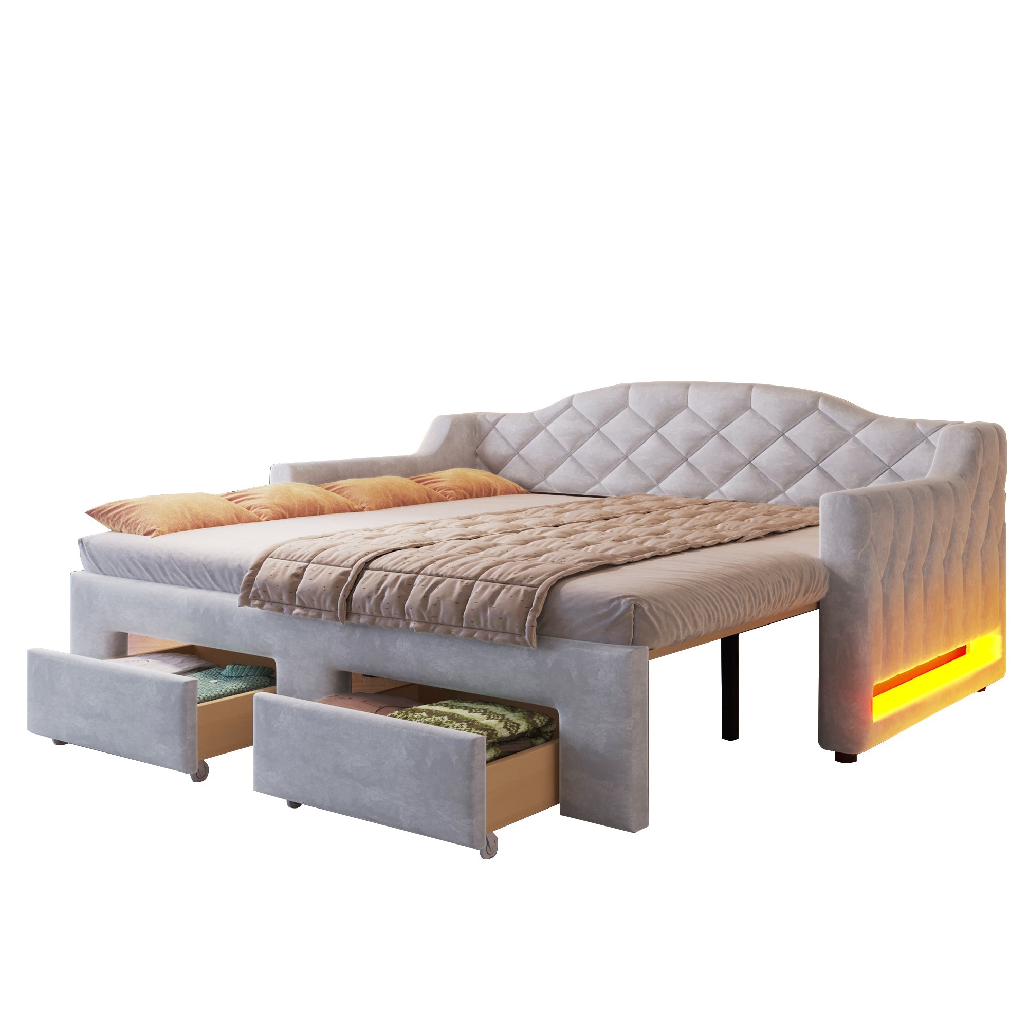 Upholstered Daybed with Two Drawers and LED Lighting, 90x200 to 180x200cm, Grey