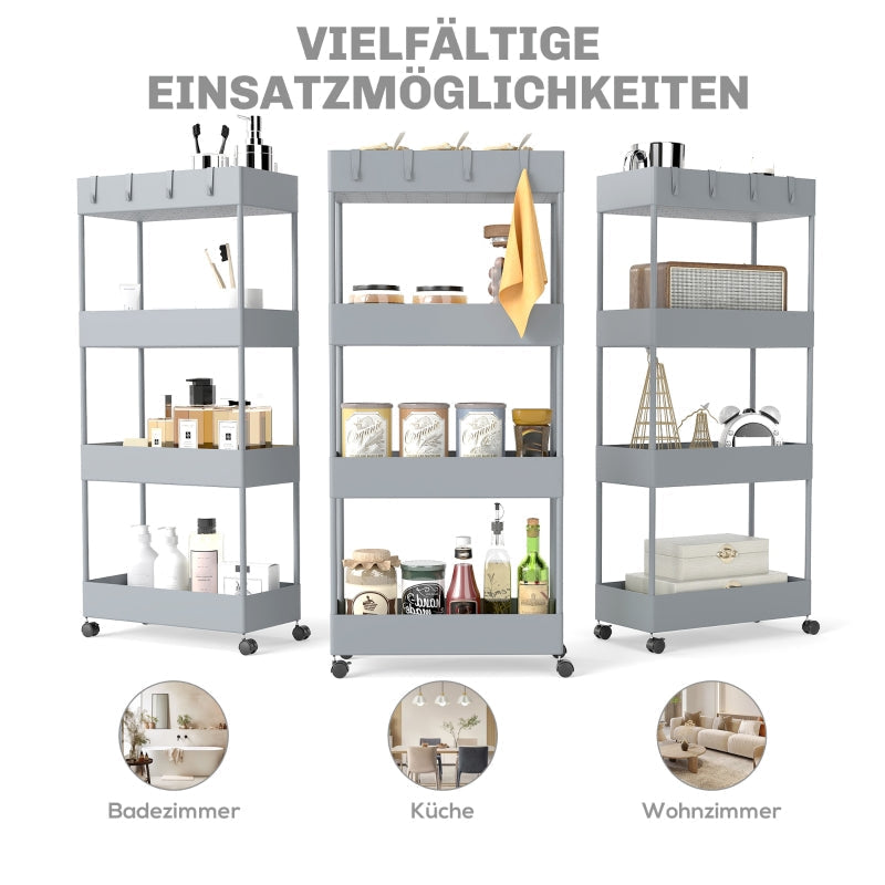 Rollwagen, 4-stöckiges Regal mit Rollen und Bremsen, Kunststoff, Grau