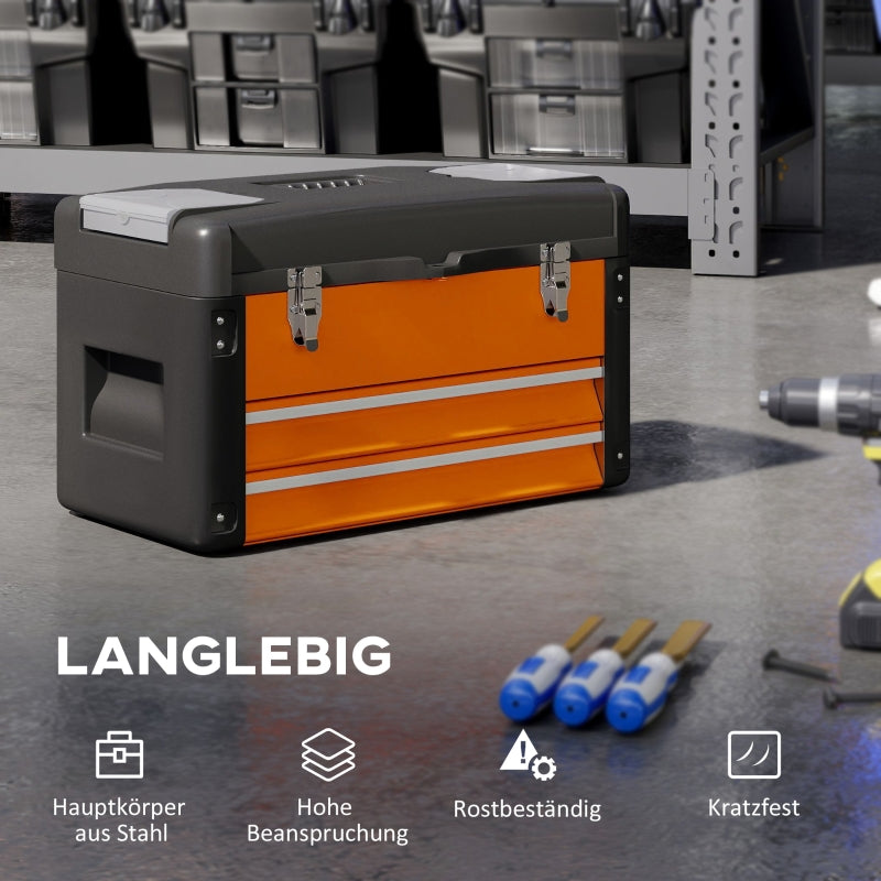 Empty Tool Box, Drawer, Top Storage, Handle, Steel, Orange