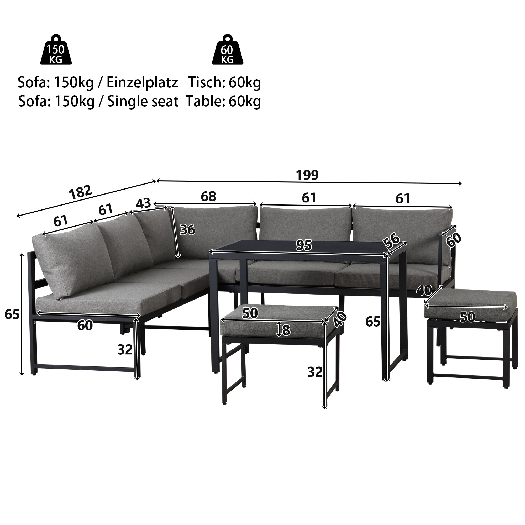 Outdoor Garden Lounge Sofa Set with Reclining Function, Adjustable Backrest, Grey