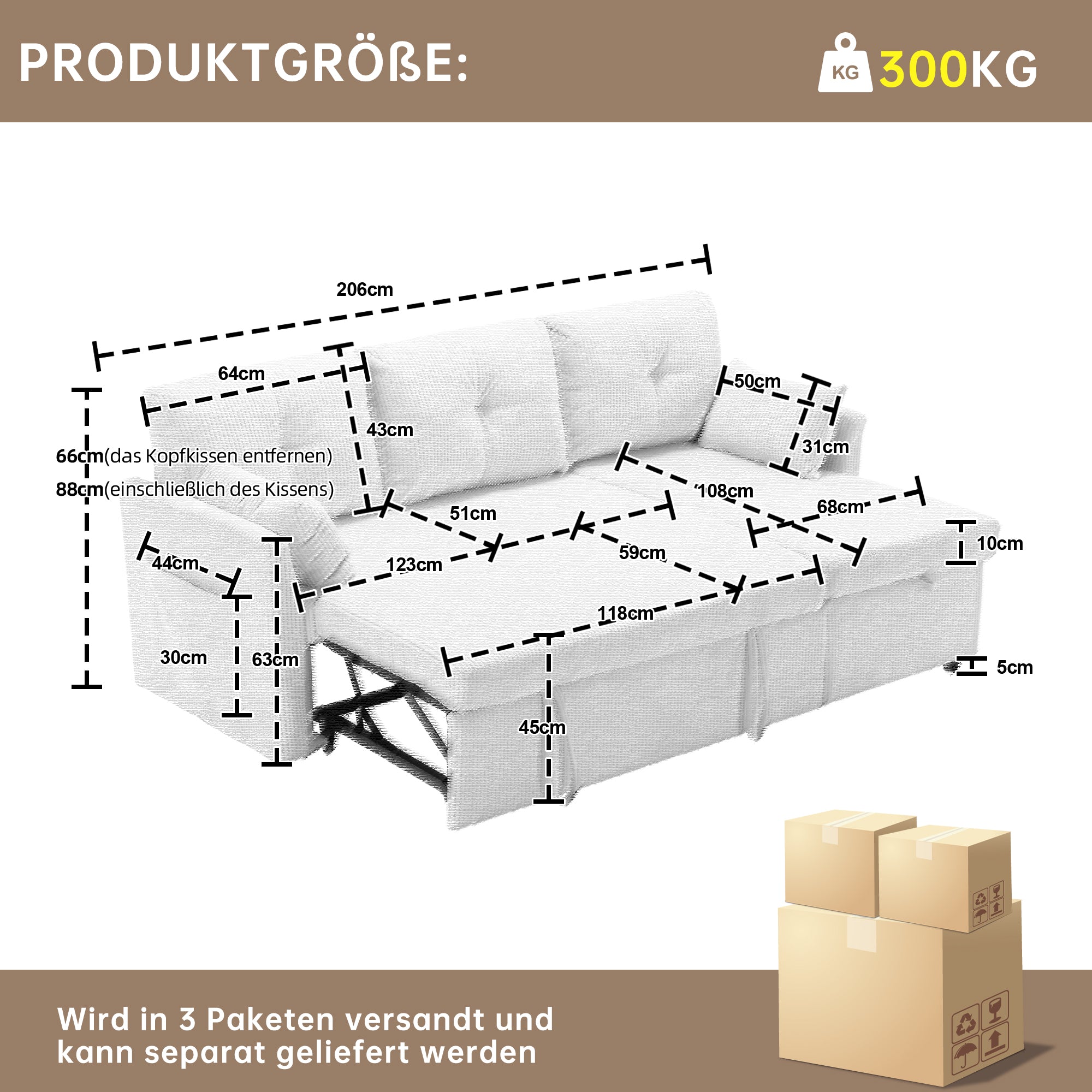 Sofa Bed, Multi-functional with Storage & Pull-Out, Chaise Lounge Interchangeable, L-Shaped Modular