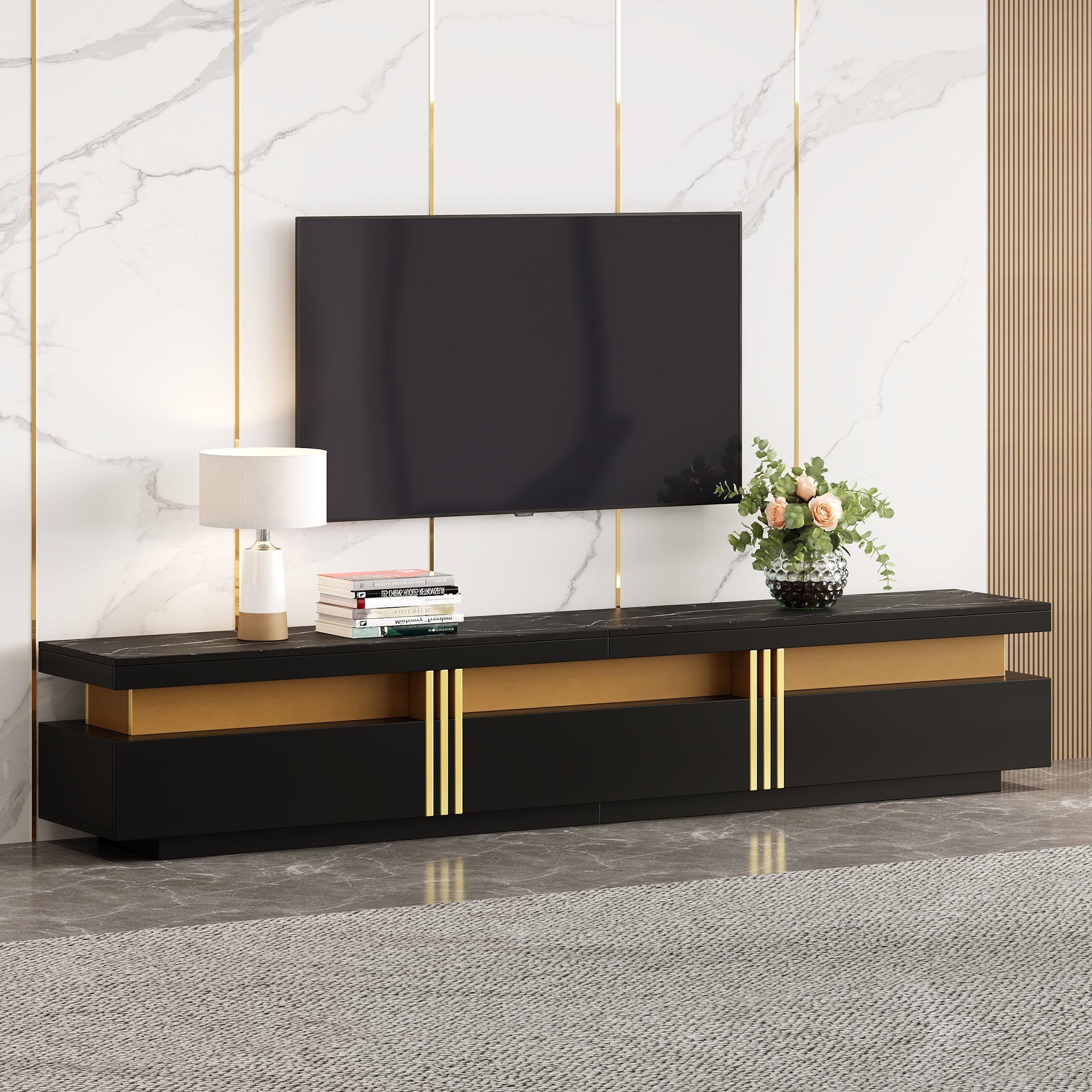 Lowboard TV Cabinet, Modern Marble Look with 3 Drawers, for up to 90-inch TVs
