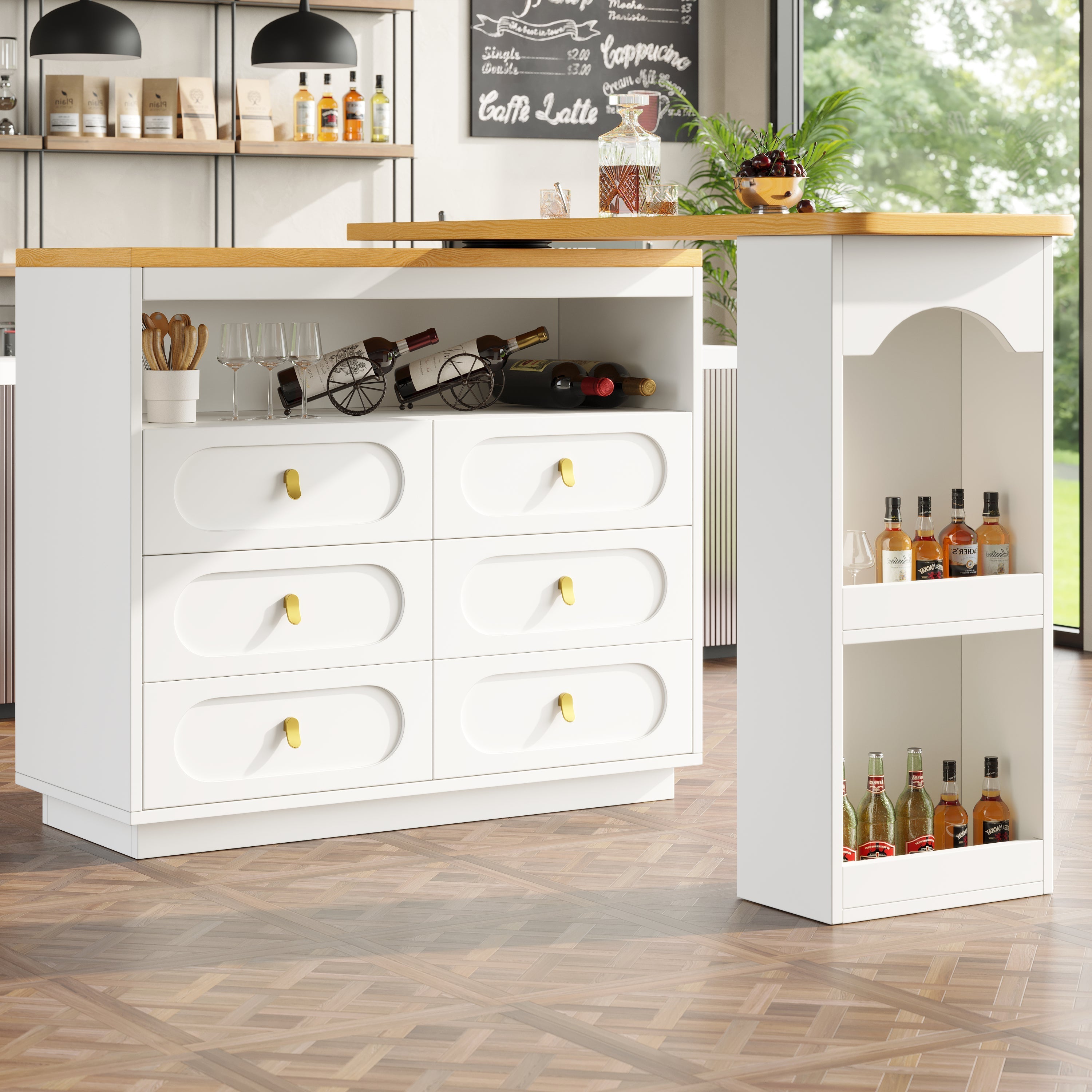Extendable Rolling Bar Table 360° Swivel Storage Drawers - White