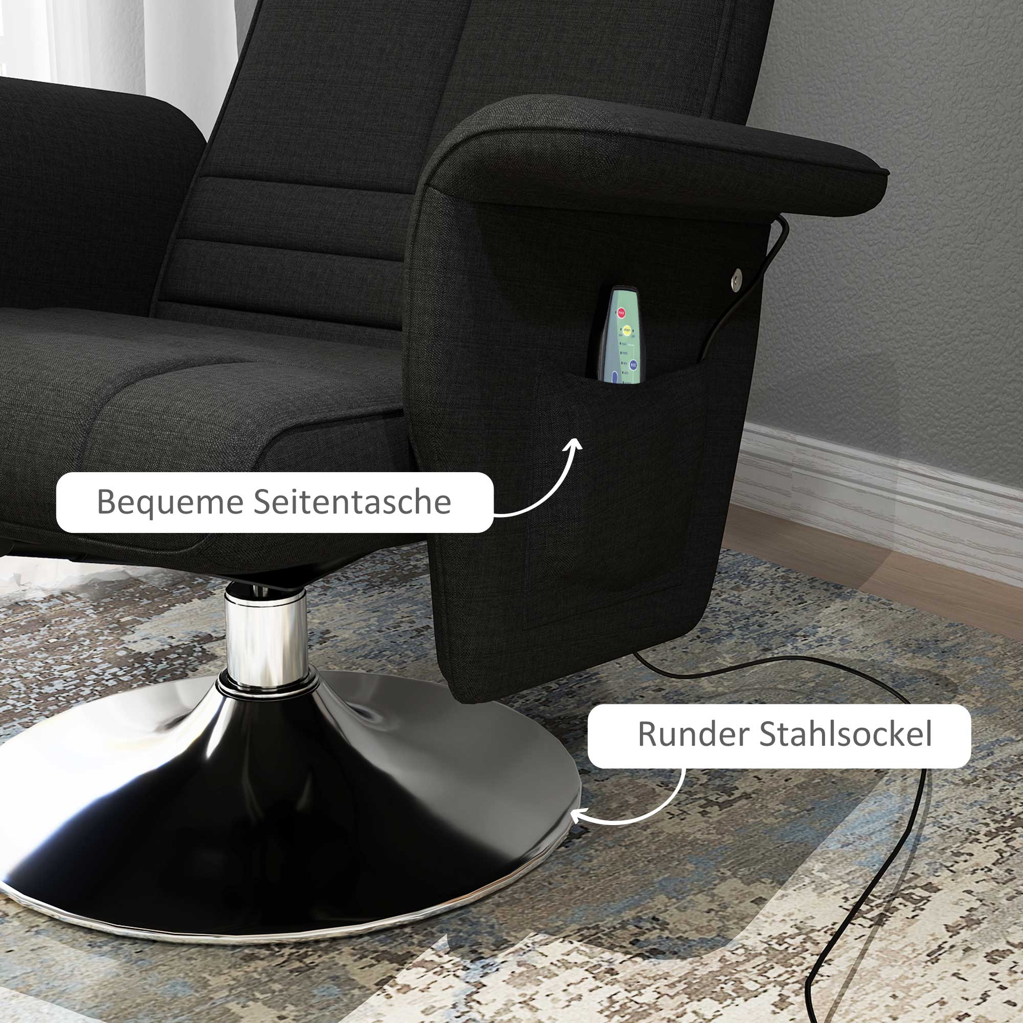Recliner Chair Swivel Massage 8-Point Vibration Electric with Footstool, Linen Look Steel Black