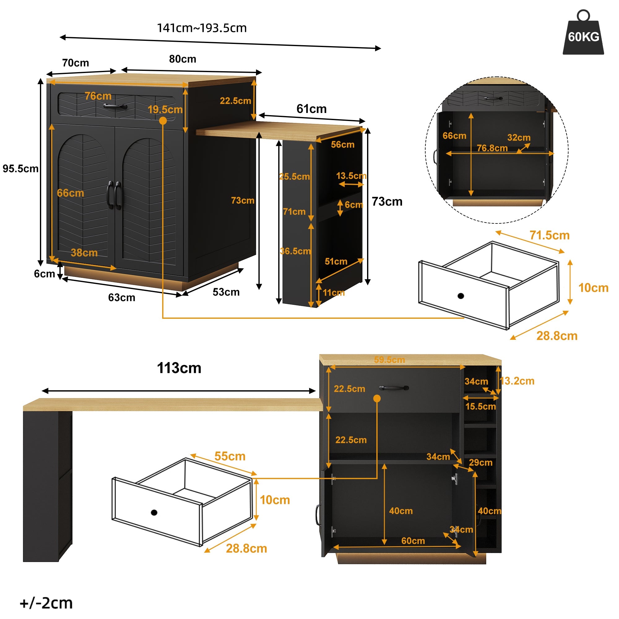 Kitchen Island with Pull-out Table and Storage Drawers, Black and White