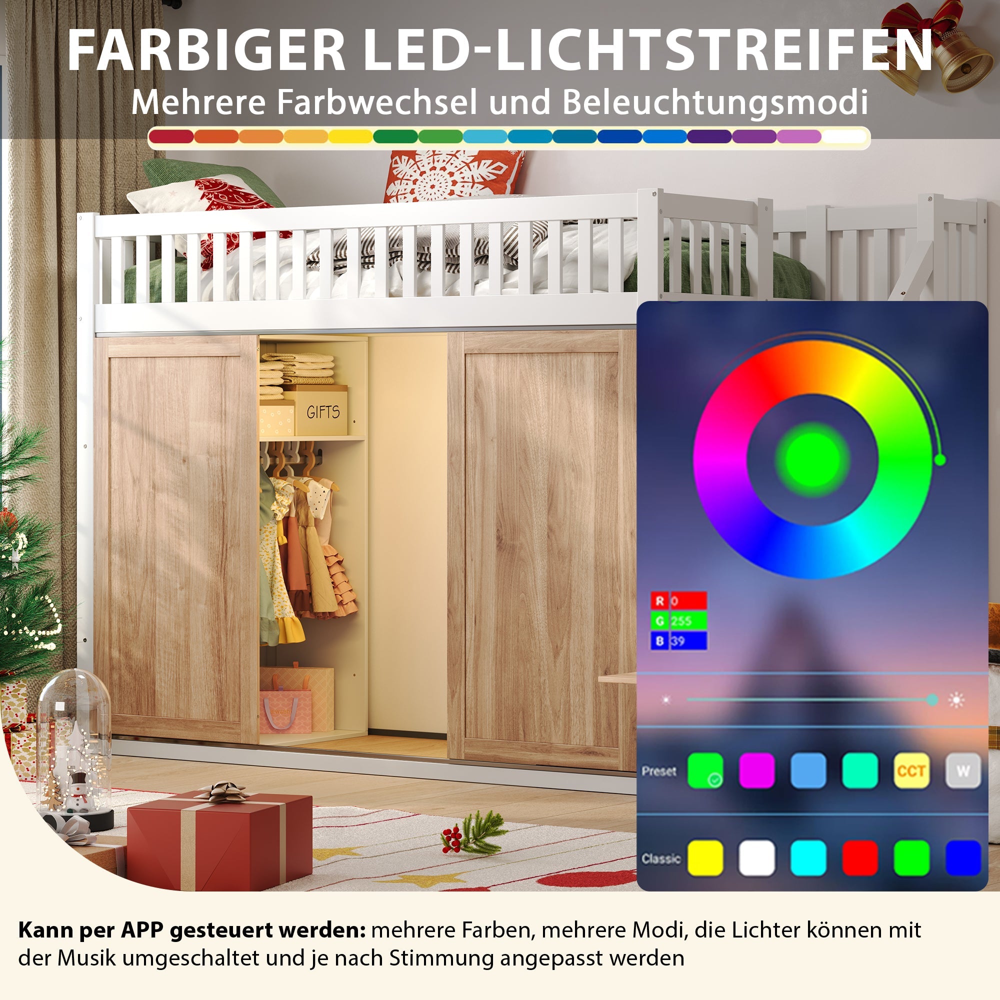 Children's Bunk Bed (90x200 cm) Multifunctional with Wardrobe Staircase LED Strip - White and Oak