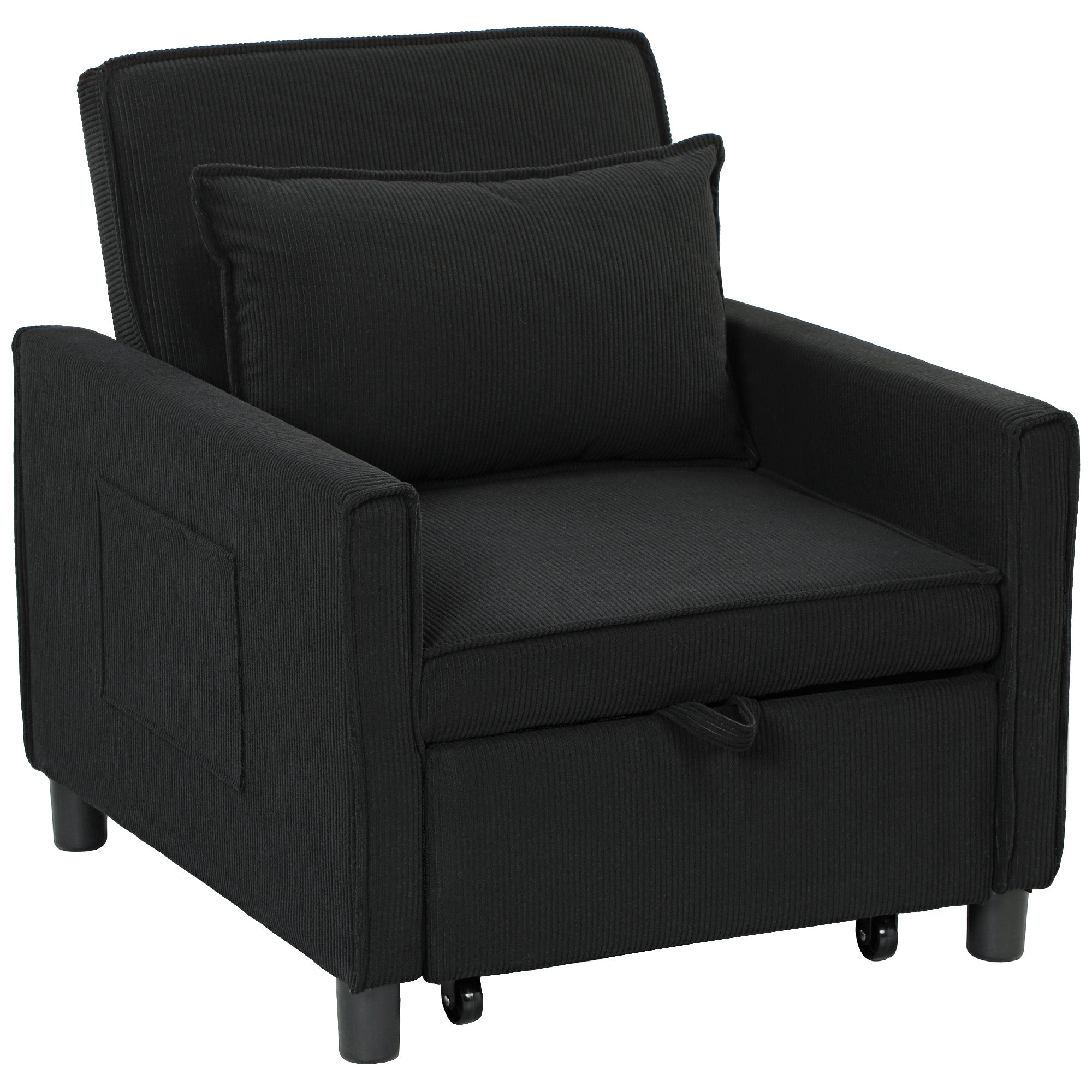 3-in-1 Sleeper Chair Folding Bed Recliner Adjustable Support Corduroy Black