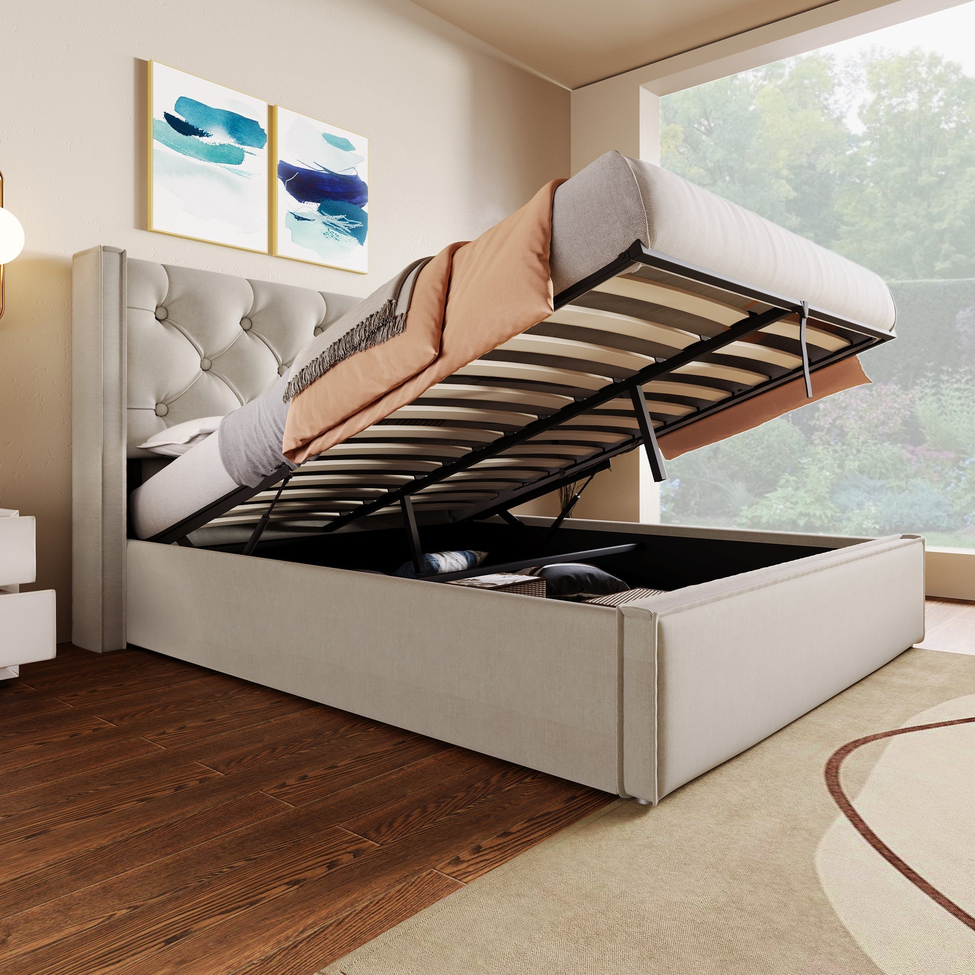 Upholstered Bed, Hydraulic Double with Storage, Light Grey Cotton
