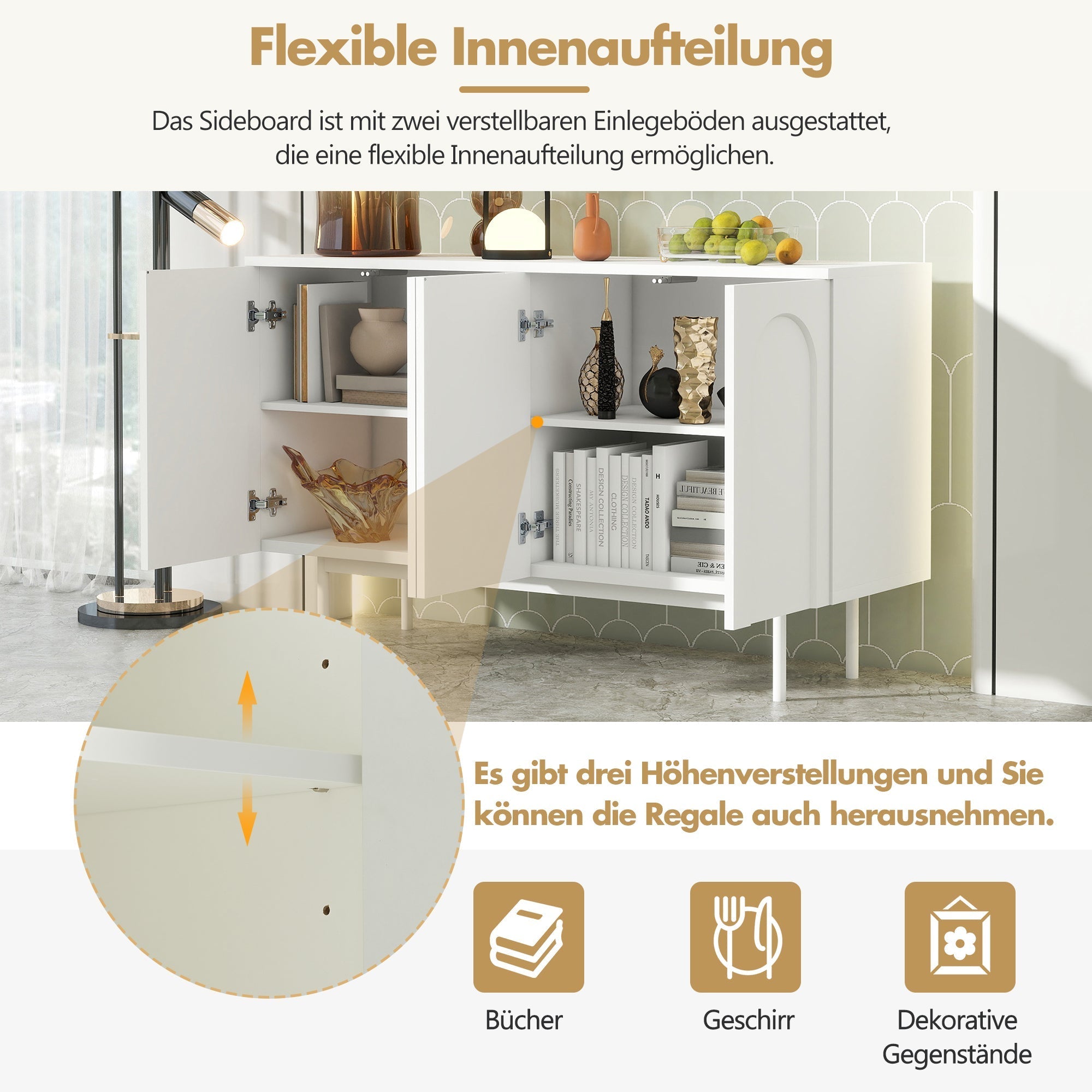 Sideboard, Minimalist Arched Pattern 4-Door, Pure White