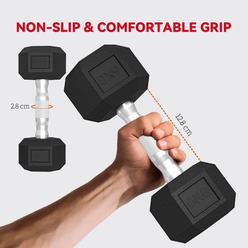 Hex Dumbbell Set with Storage Rack and Handles, Rubber Coated