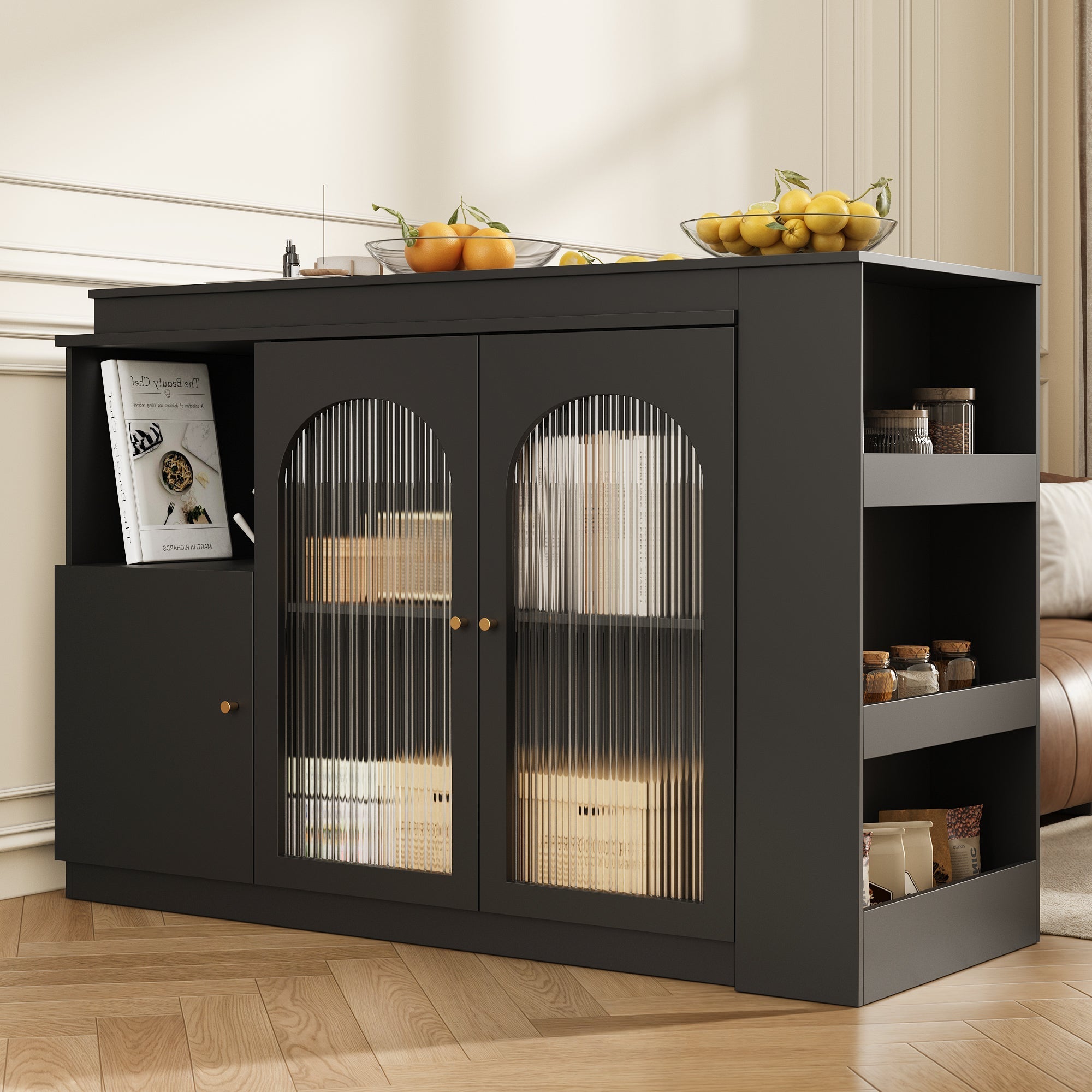 360° Rotating Bar Table with Dining & Bar Cabinet, Multifunctional Storage & Glass Door, Black