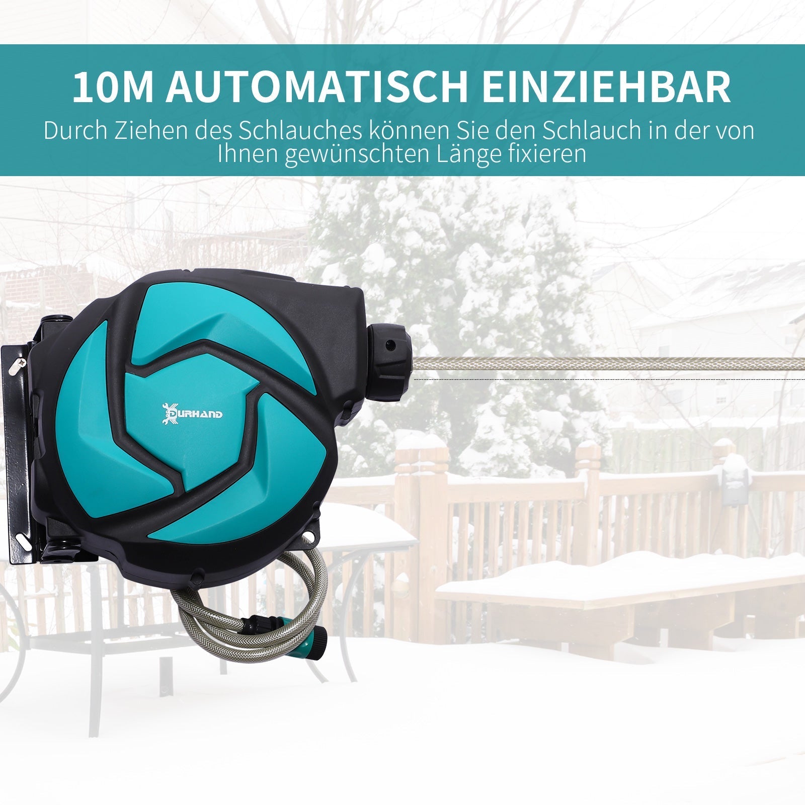 DURHAND wall-mounted hose reel 10m swiveling 180° with multi-spray, plastic green black