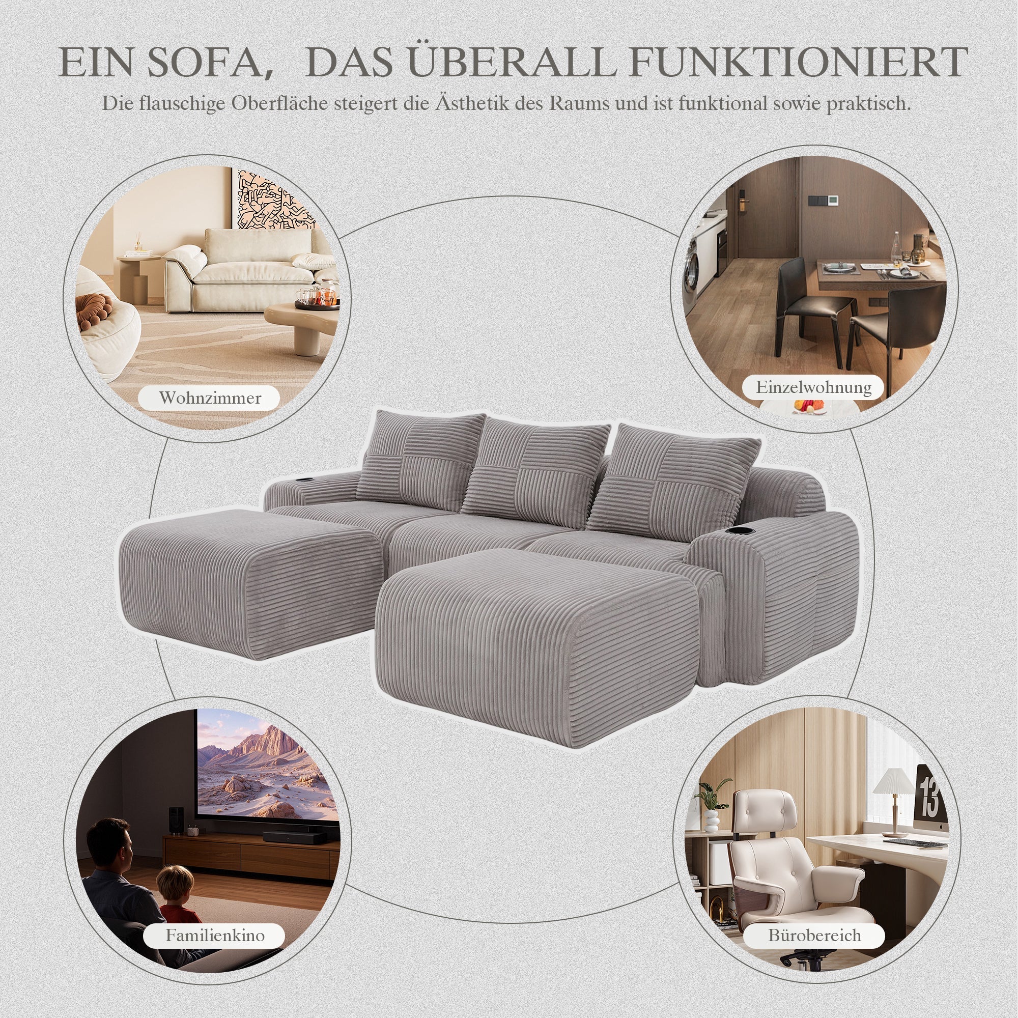Modular Corduroy Sofa 3-Seater 2 Ottomans Cup Holders Storage Light Grey