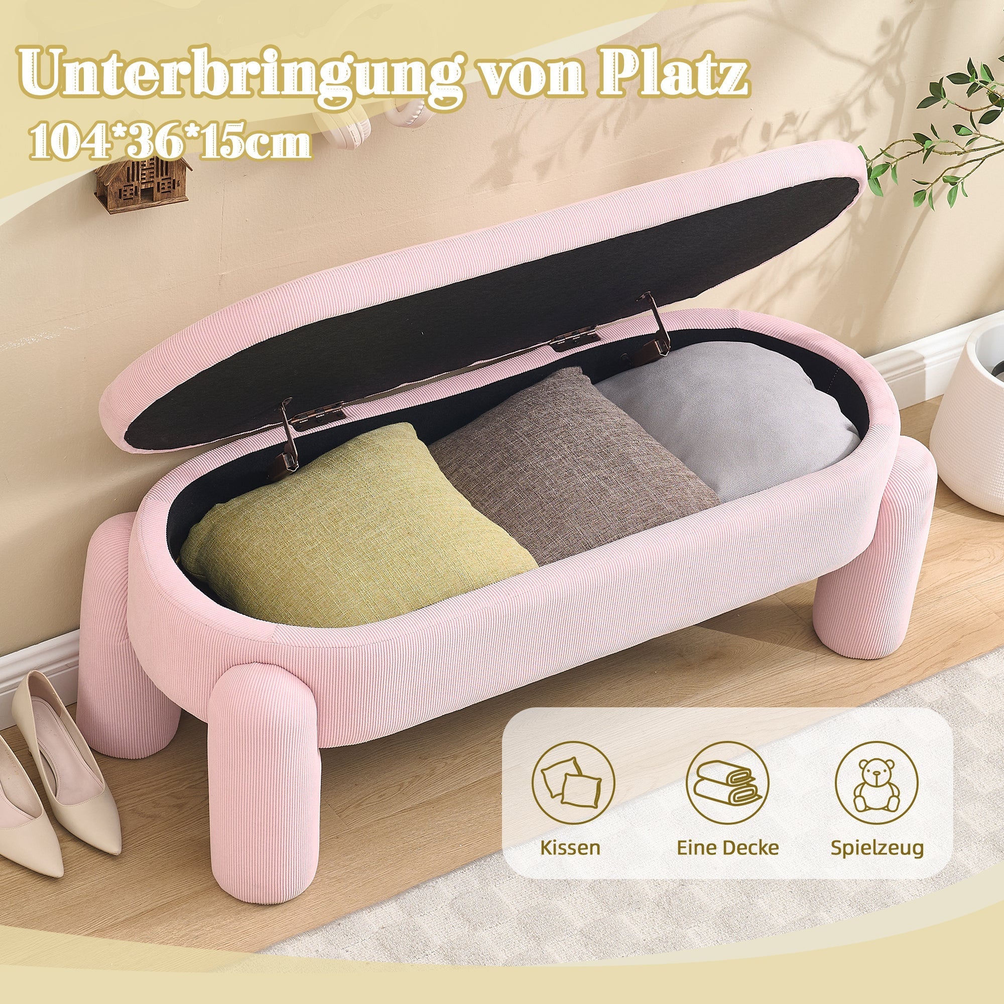 Storage Bench, Modern with Chenille Fabric & Solid Wood Frame, Pink