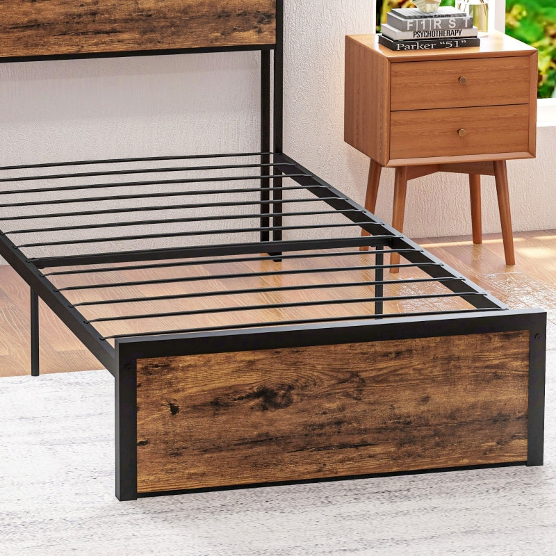 Industrial Single Bed Frame, Steel Base with Storage Headboard and Slats, Rustic Brown