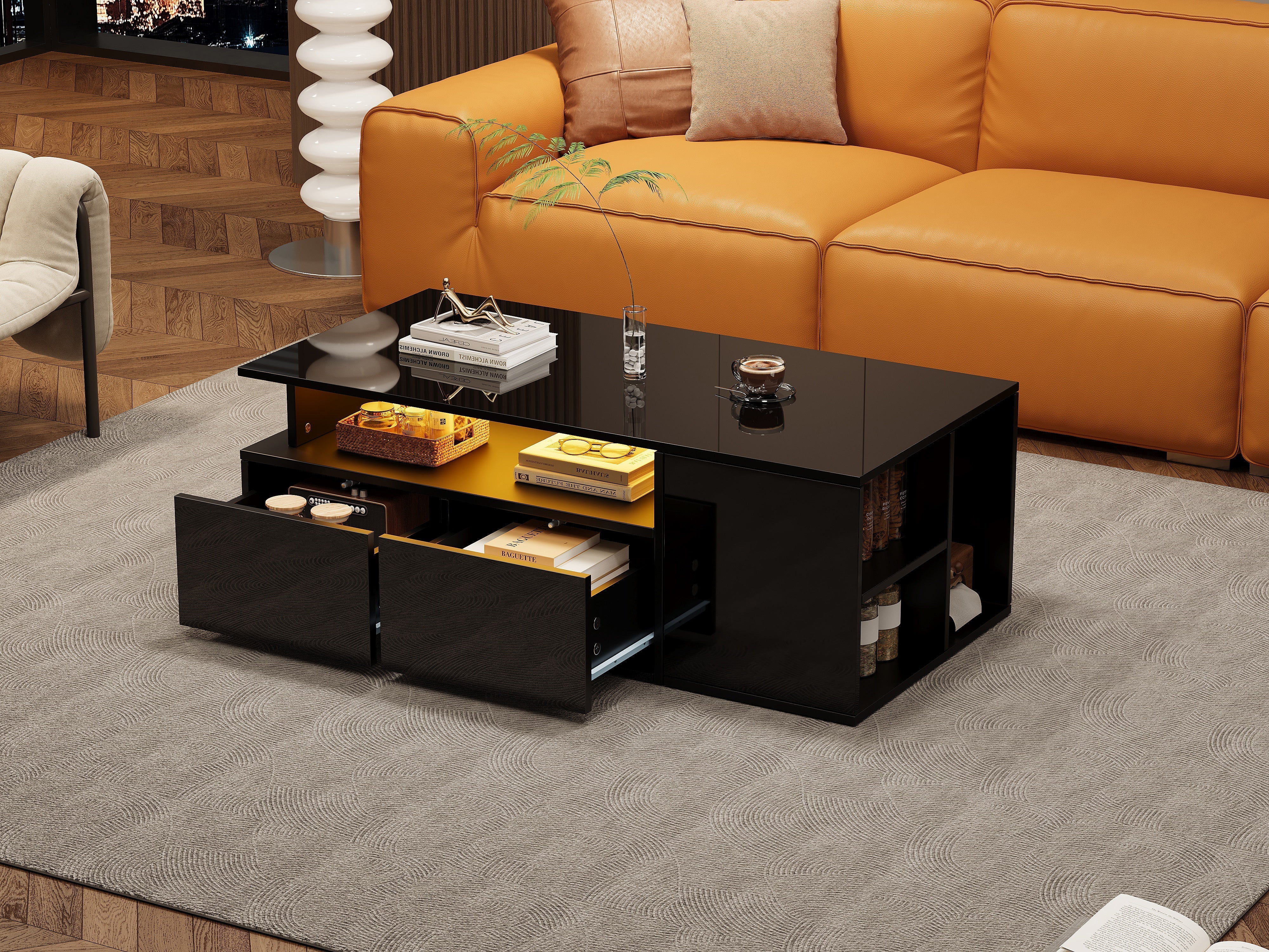Coffee Table 100x50x35cm LED Lighting 2 Drawers 60kg Black