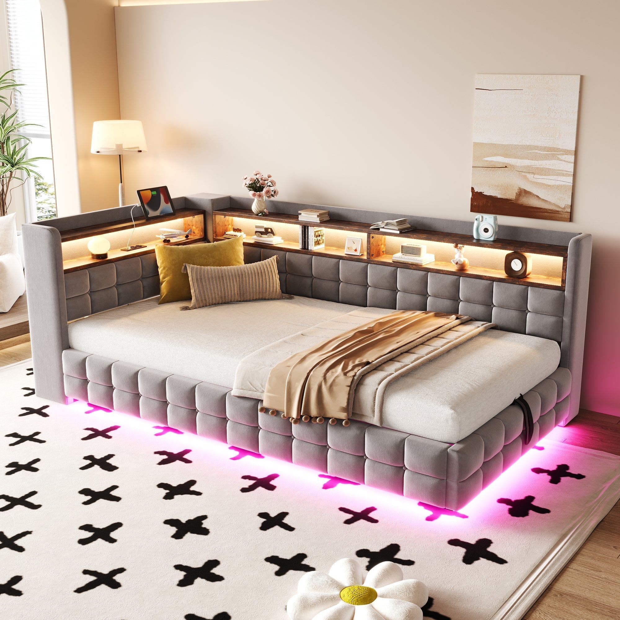 Multifunctional Upholstered Sofa Bed with Hydraulic Storage, LED and USB Ports, Light Grey Velvet
