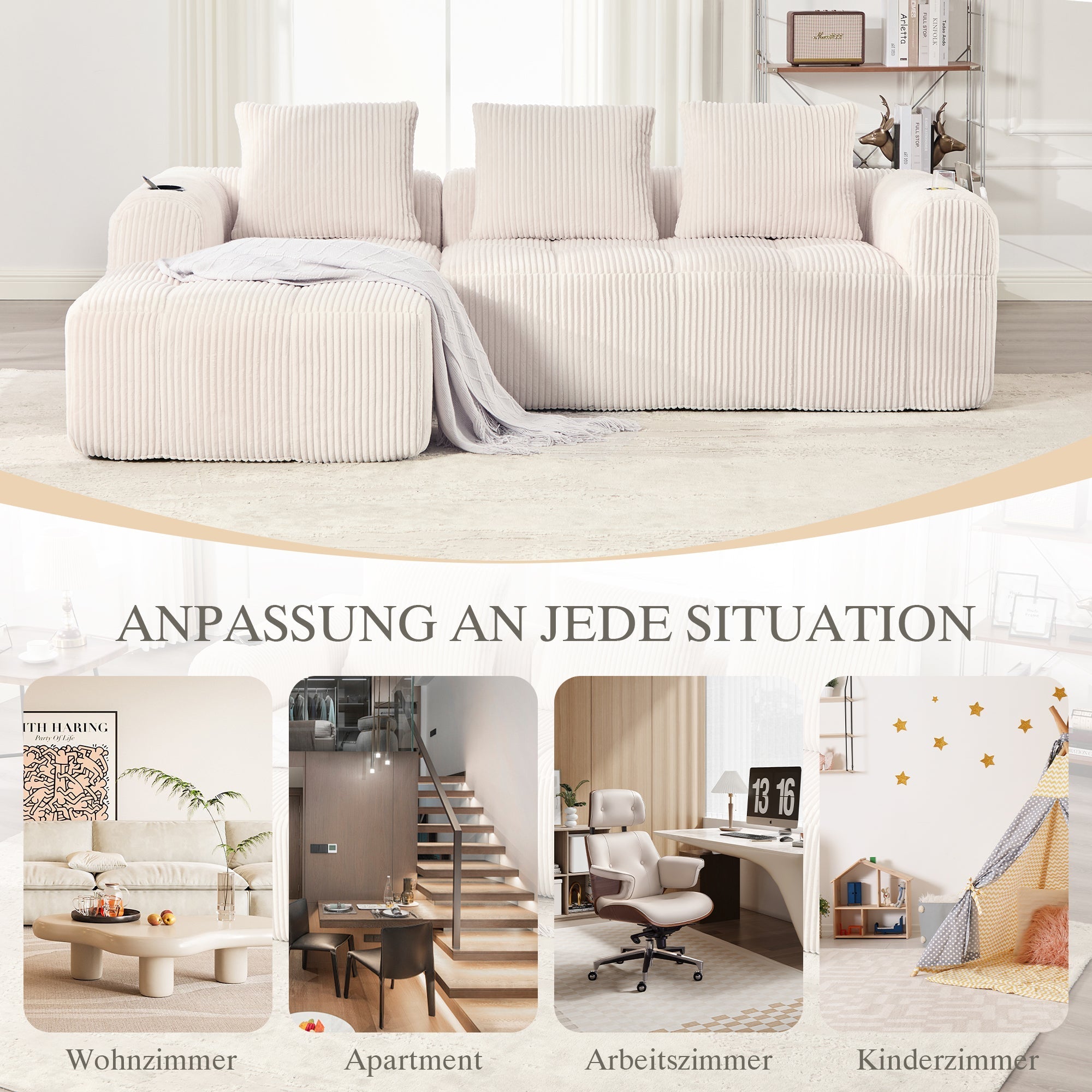 Compact Modular Sofa with Side Pocket, Cup Holder & 3 Cushions - Corduroy Beige