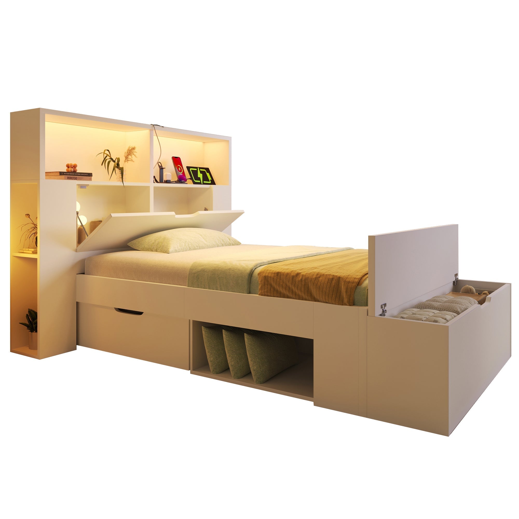 Wooden Single Bed 90x200cm Storage LED USB Drawers Shelves - White Wood