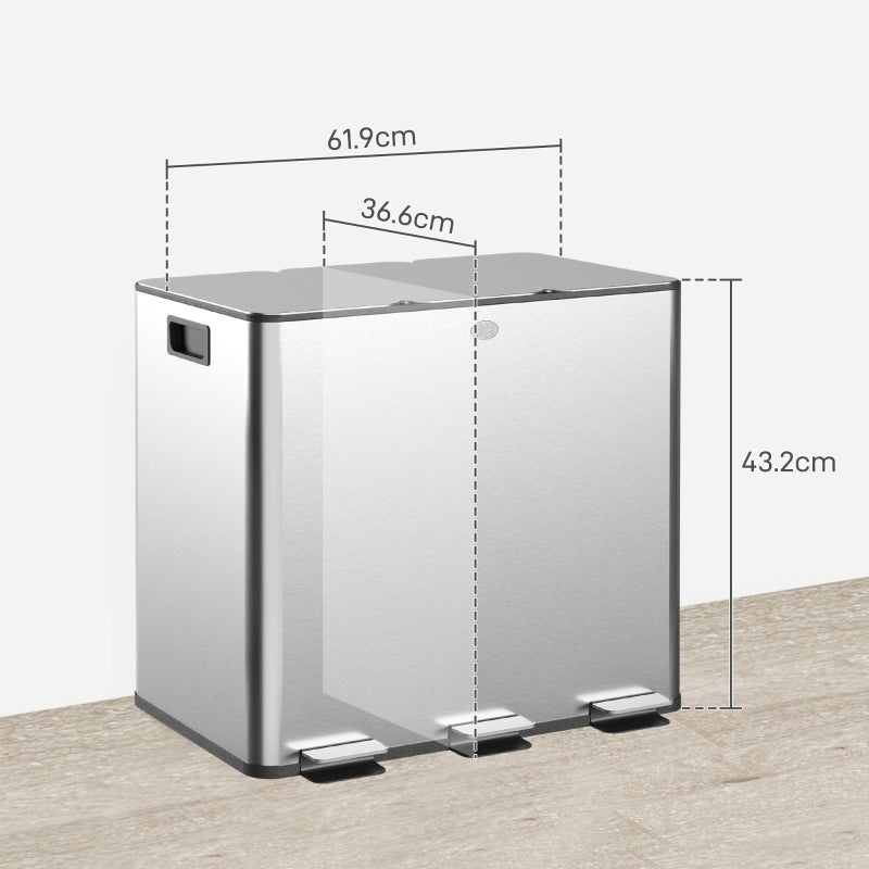 3 x 15L Pedal Bin Triple Kitchen Bin Soft Close Lid Removable Buckets, Silver Tone Steel