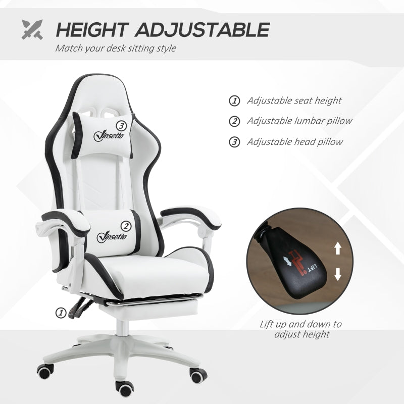 Computer Gaming Chair with Footrest, 135° Reclining Back, Lumbar Support, PU Leather White and Black