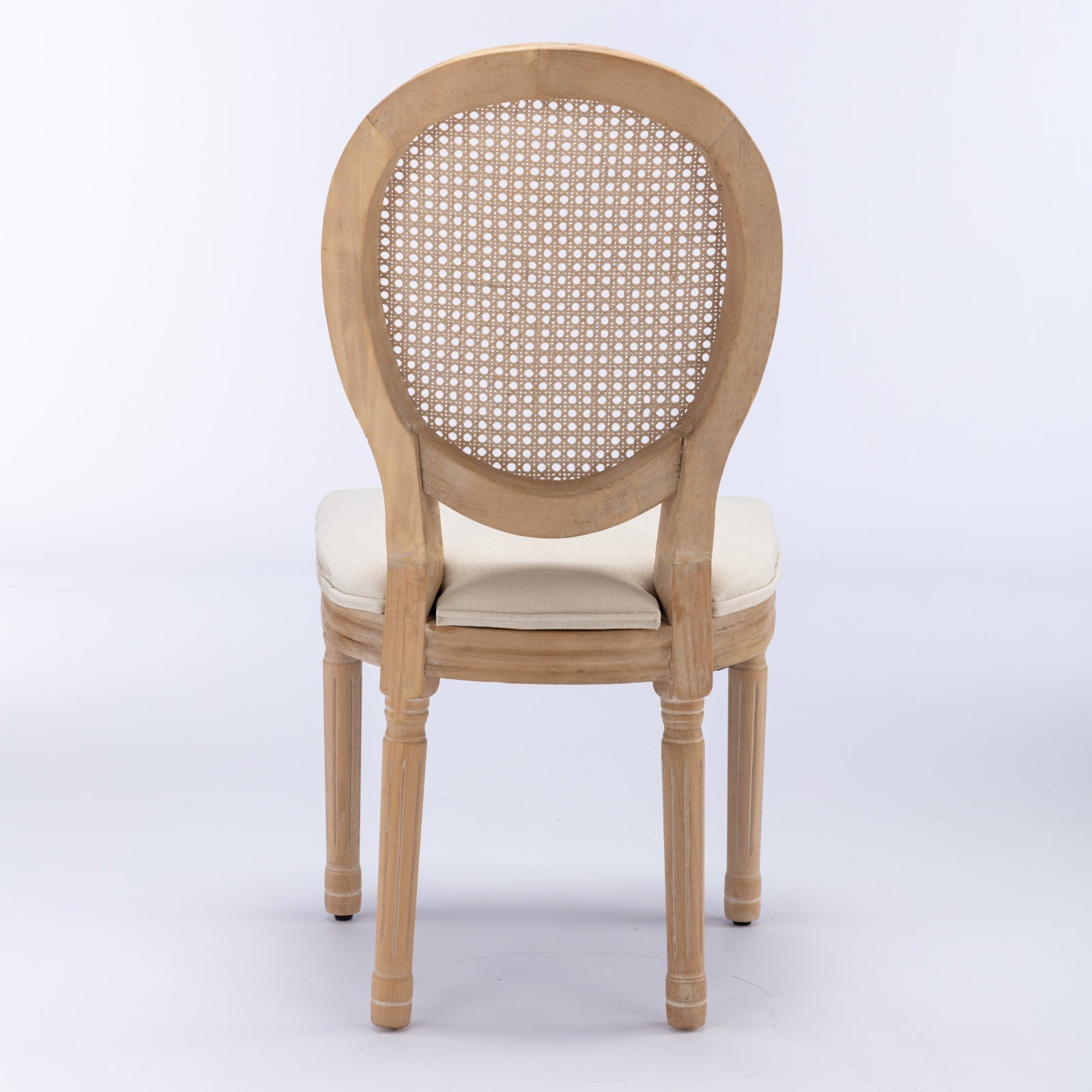 French Style Dining Chair Solid Wood Rattan Back Linen Set of 2 - Cream Beige