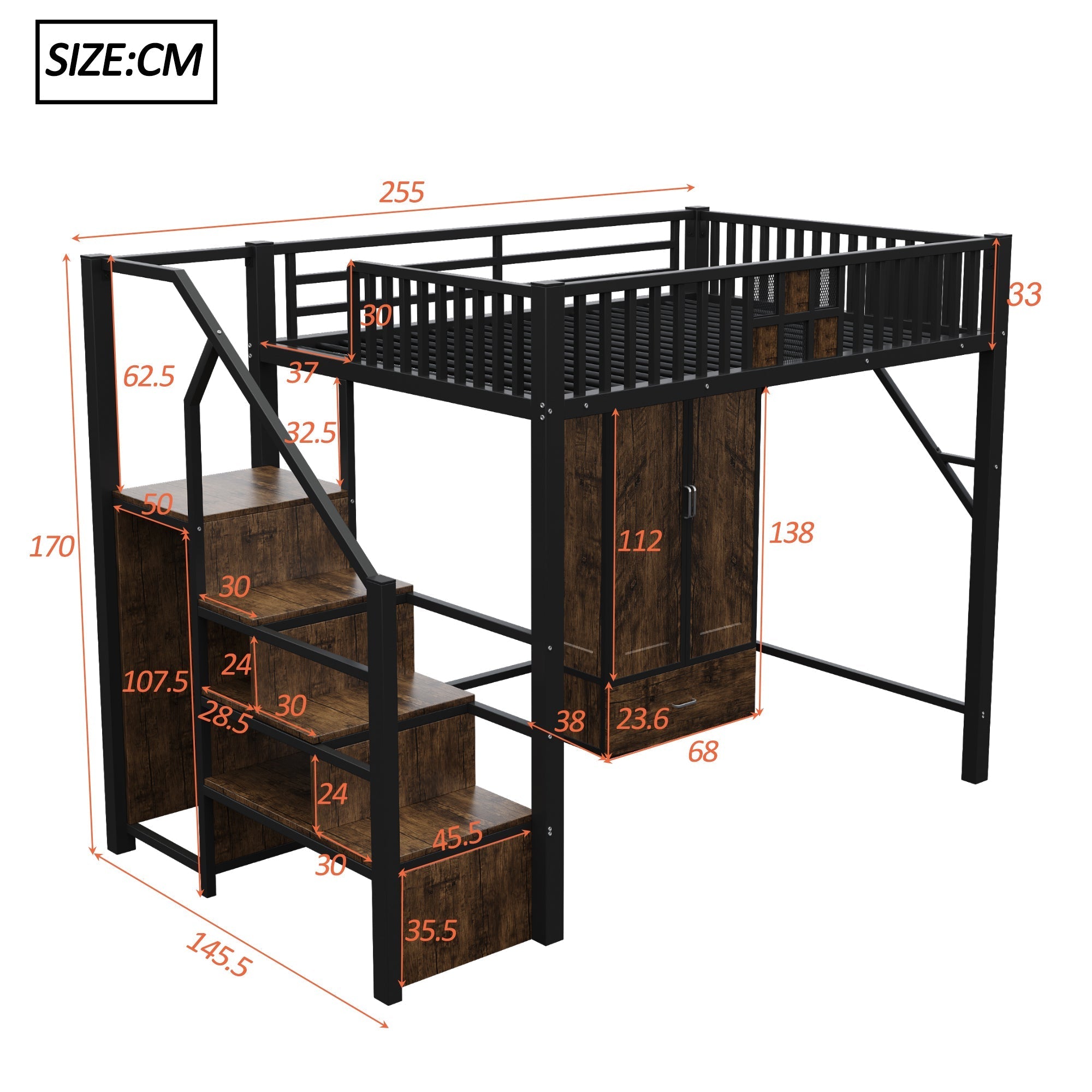 High Loft Bed with Wardrobe, Storage Ladder and Metal Frame, Black Metal and Wood
