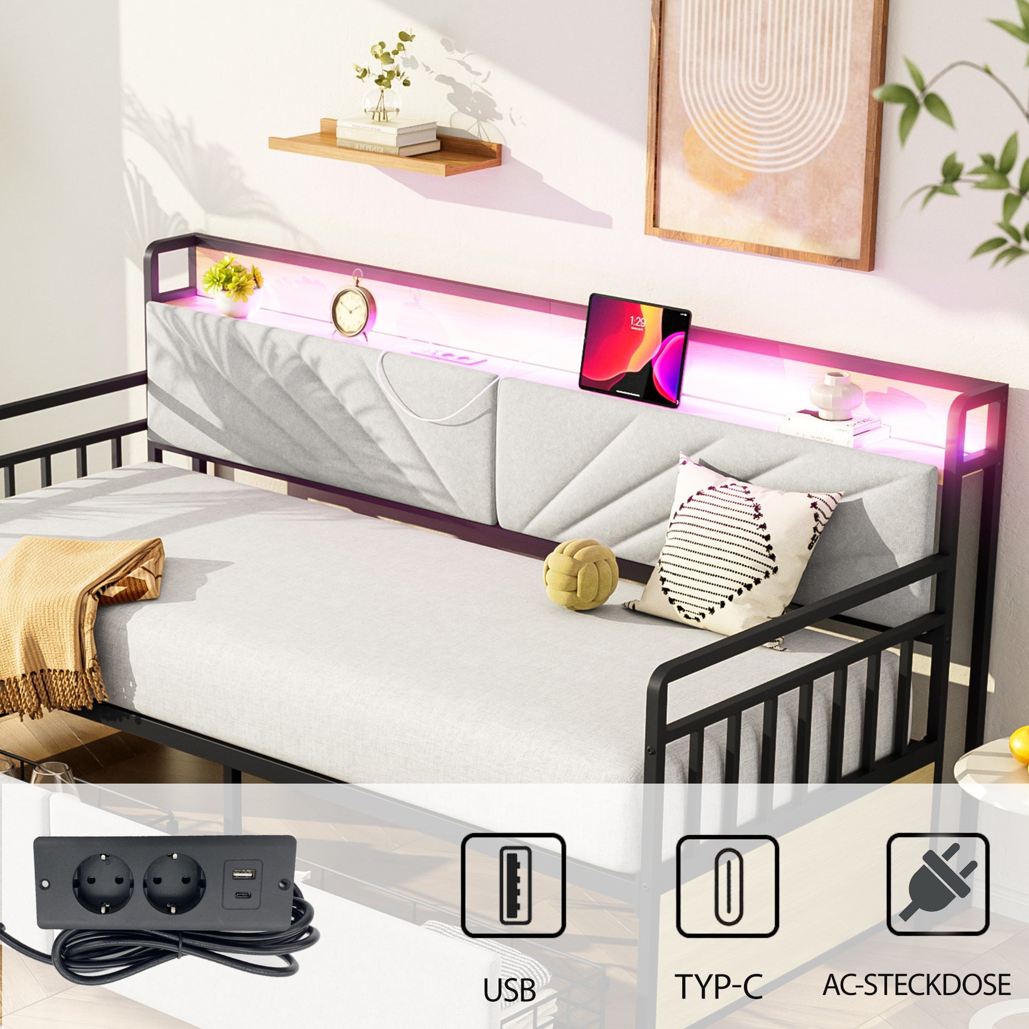 Sofa Bed, 90x200 cm LED, Shelves & Drawers, Beige Iron