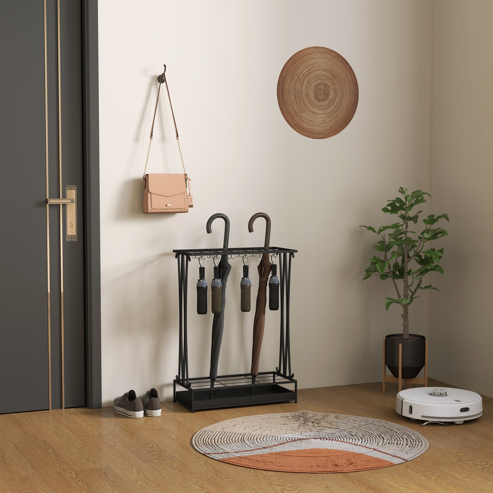 Umbrella Stand, Rectangular Holder with 24 Hooks/Removable Water Tray, Steel Black