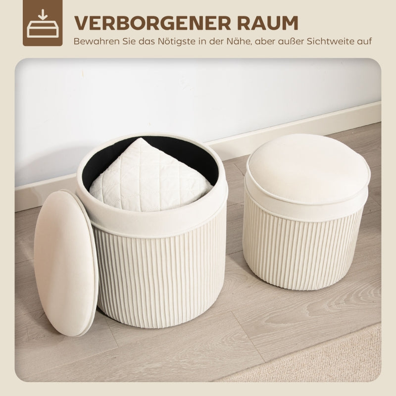 Set of 2 Ottomans with Lids Round Storage Velvet Look - Cream White