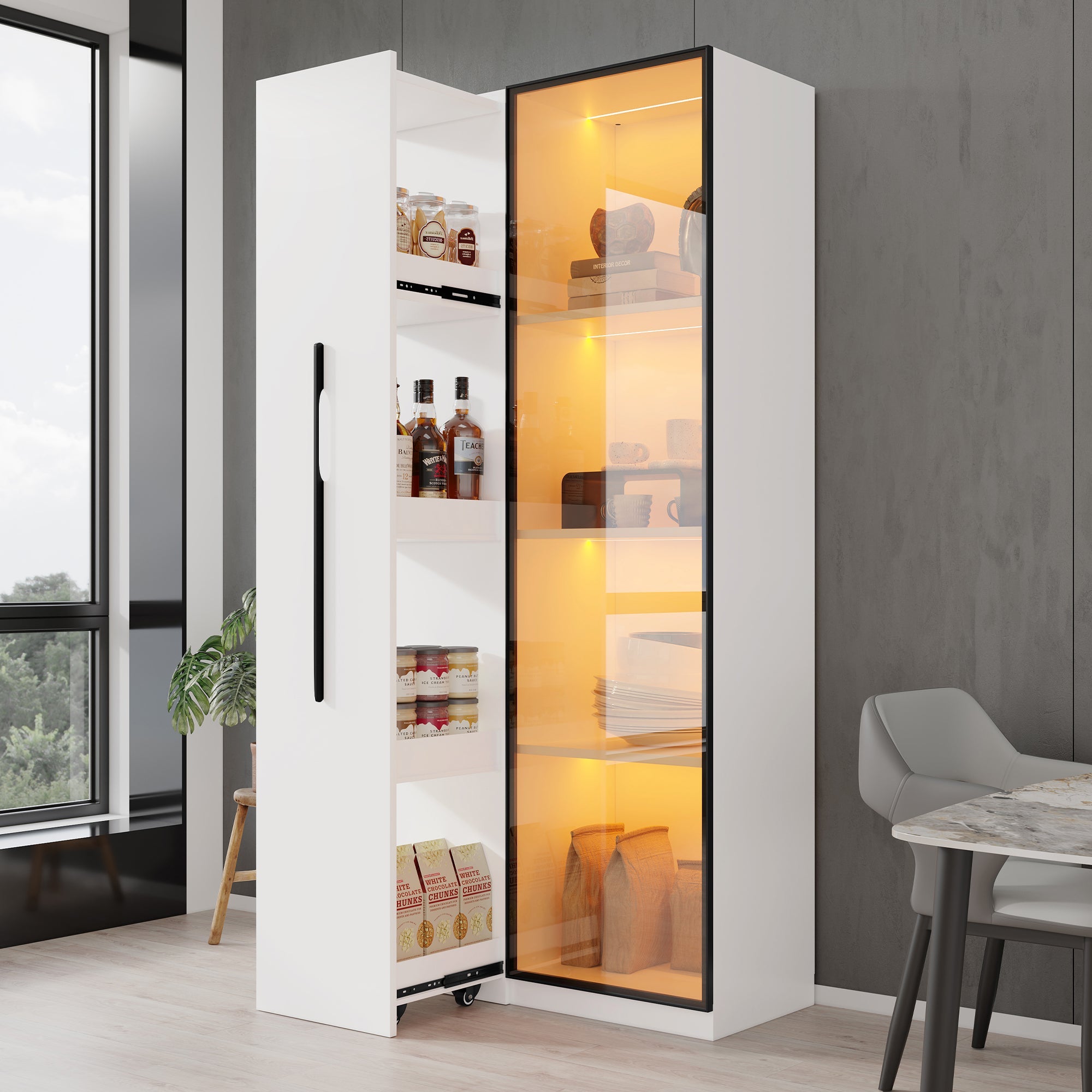 Multifunctional Cabinet 160cm Glass Doors LED Lighting, Aluminum Frame