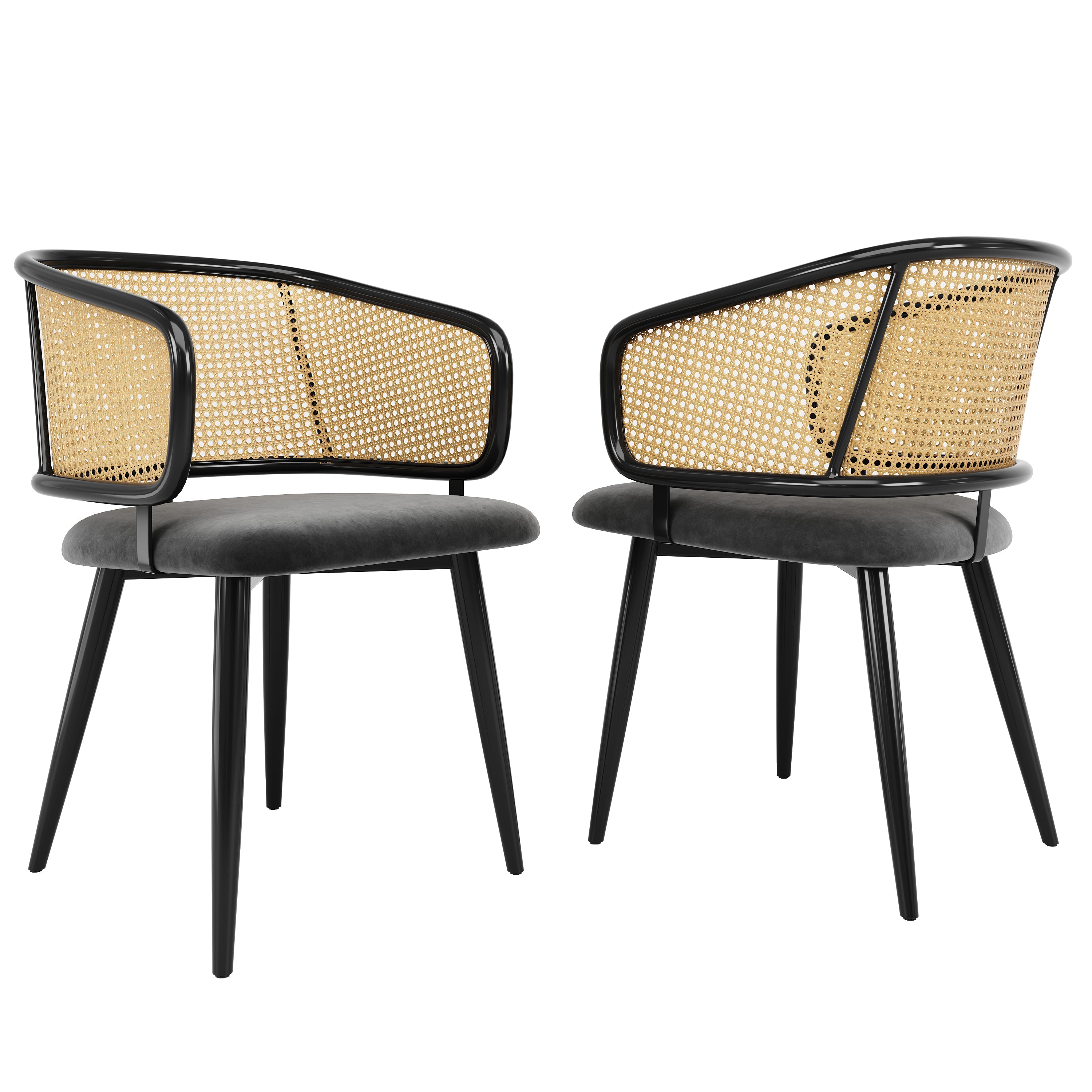 2 Dining Chairs Rattan Back Velvet Seat - Modern Style