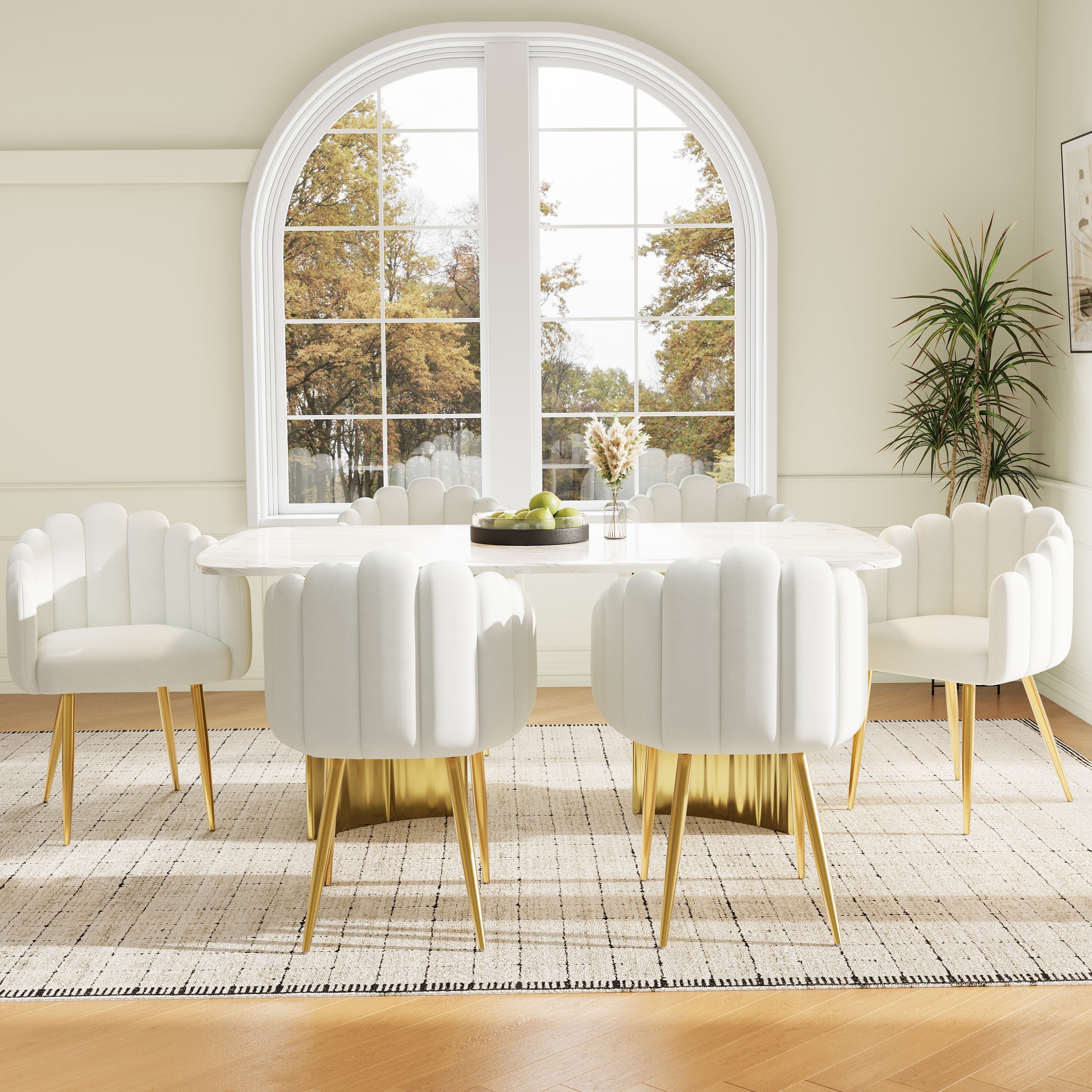 Dining Chair Set of 2 Fan-Shaped Adjustable Gold Legs - Velour Fabric