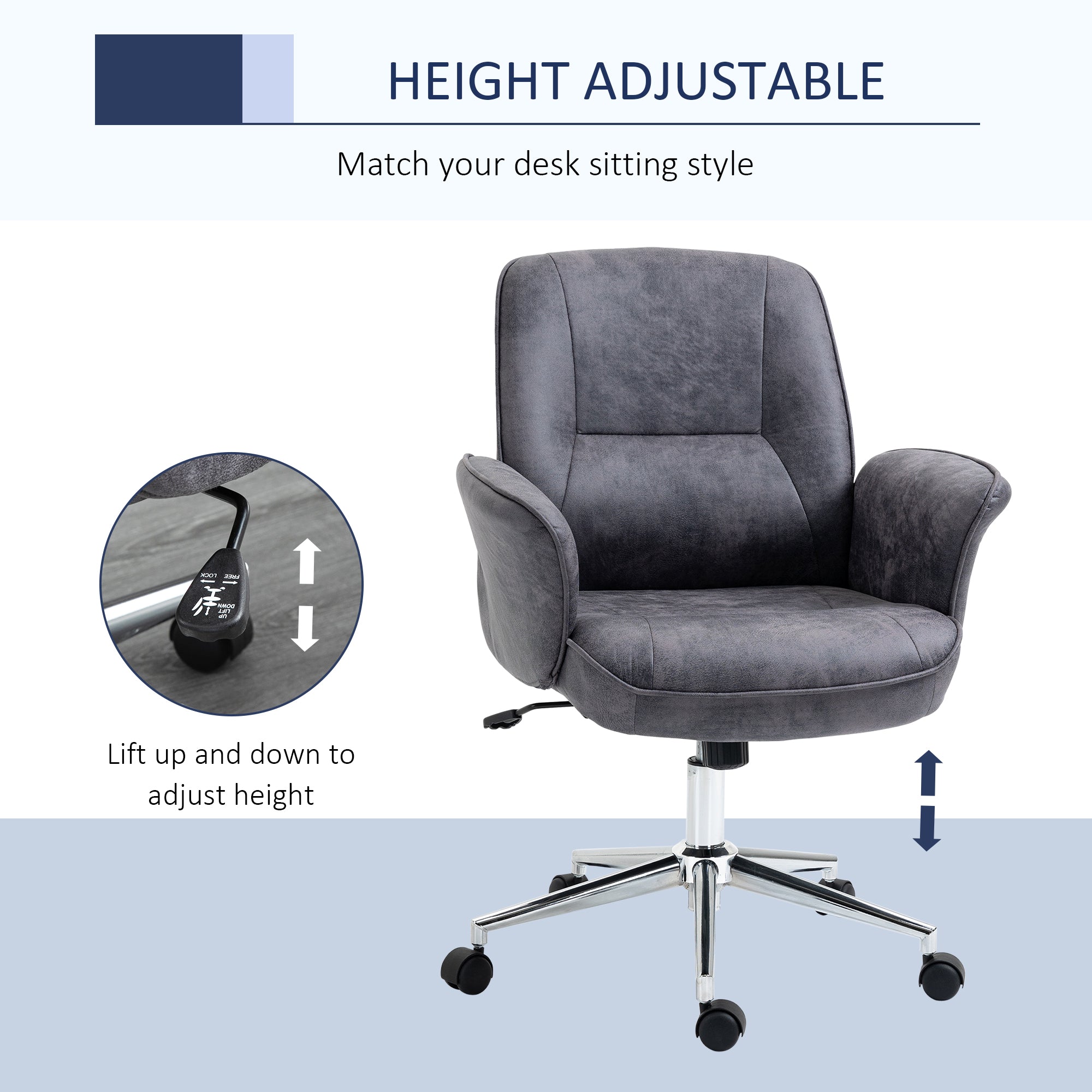 Swivel Computer Office Chair Mid Back Desk Home Study Microfiber Charcoal Grey