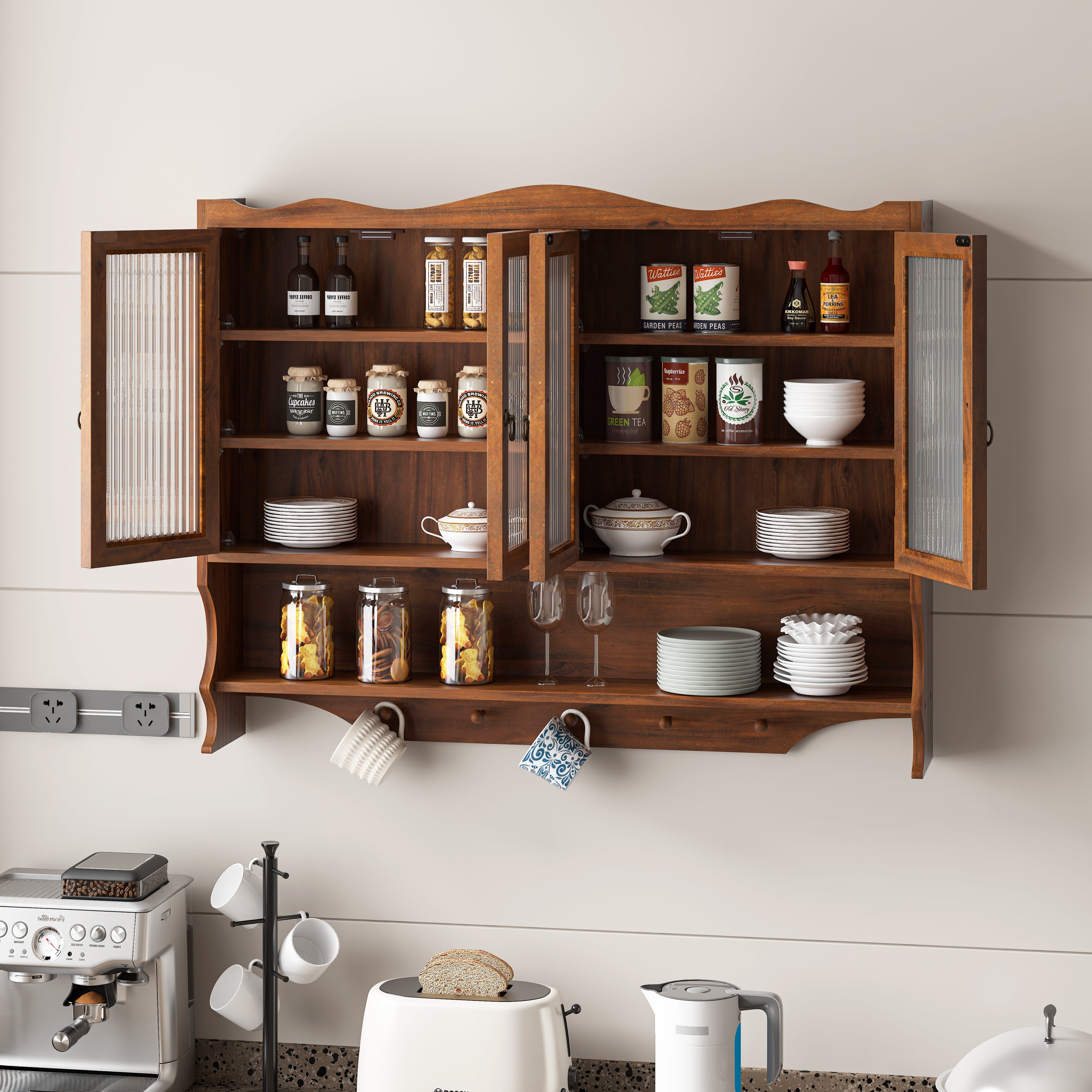 Wall-Mounted Cabinet 100CM Retro 4 Door Storage/Hook Rack Brown