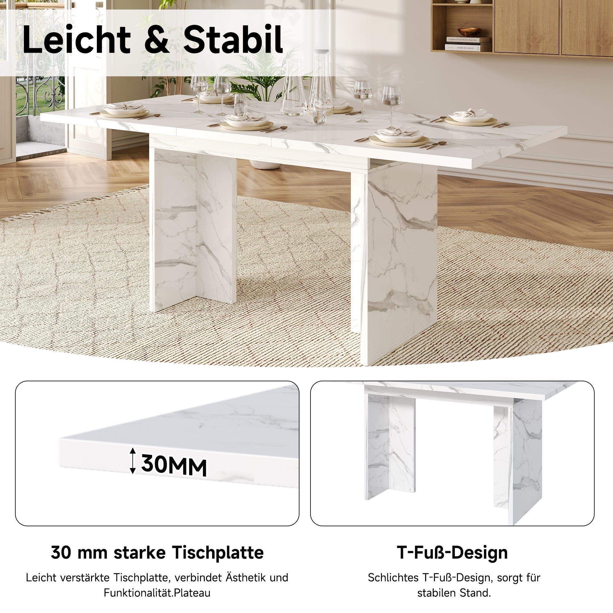 Extendable Dining Table 140/180x80cm Rectangular 6-8 Seater - White Marble