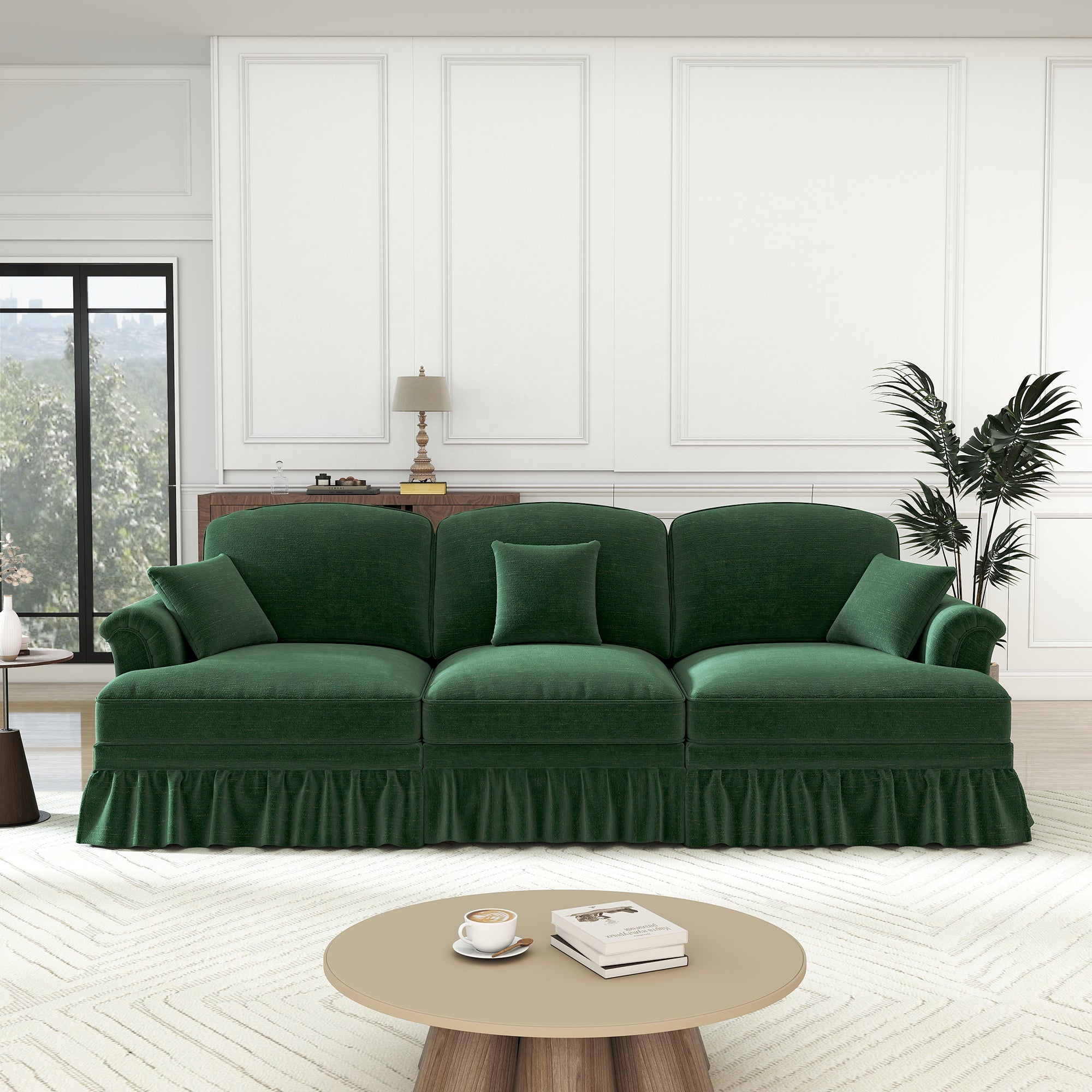 3-Seater Sofa Mid-Century Chenille Ruffled Apron Spindle Legs - Green