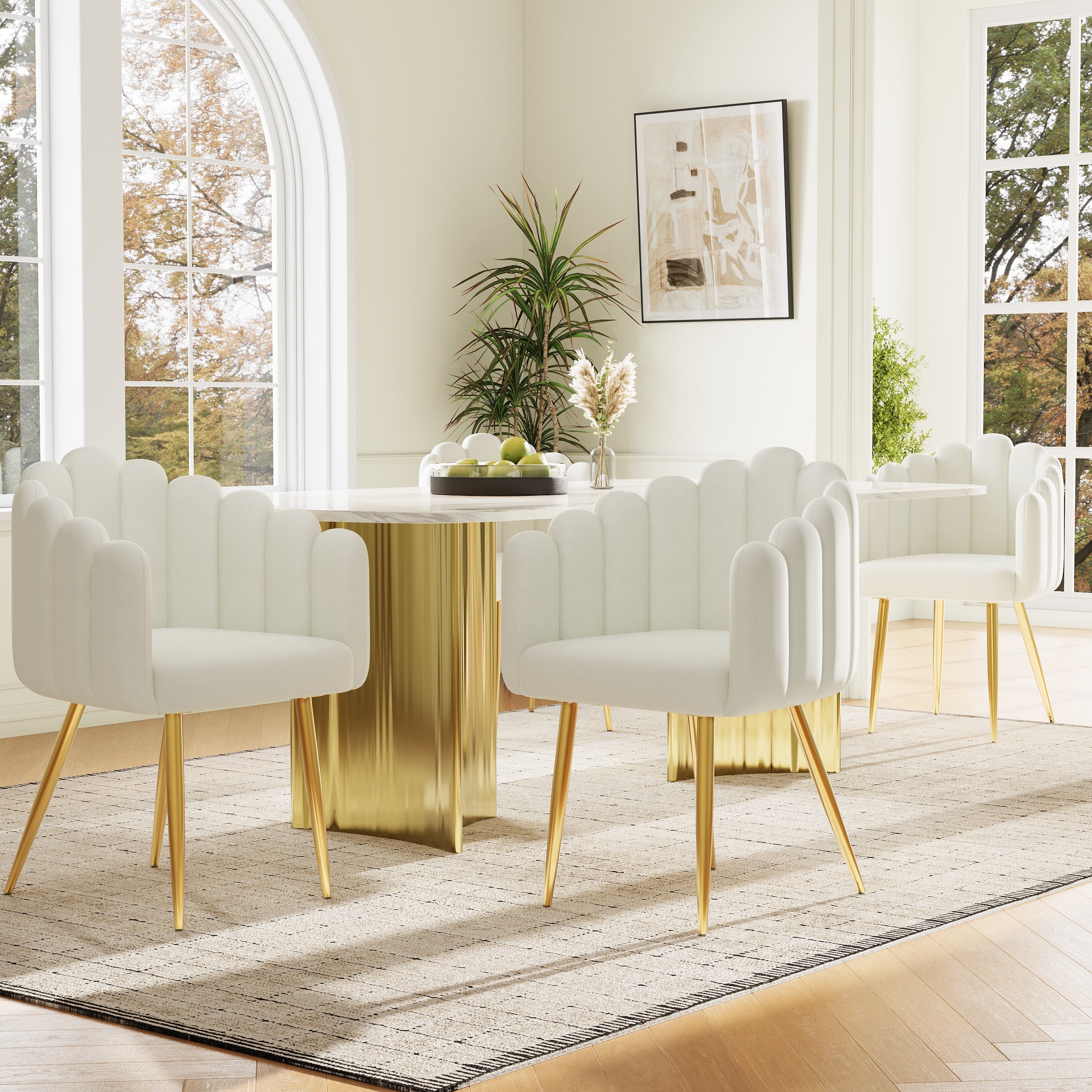 Dining Chair Set of 4 Velour Fan-Shaped Design Adjustable Legs - Gold