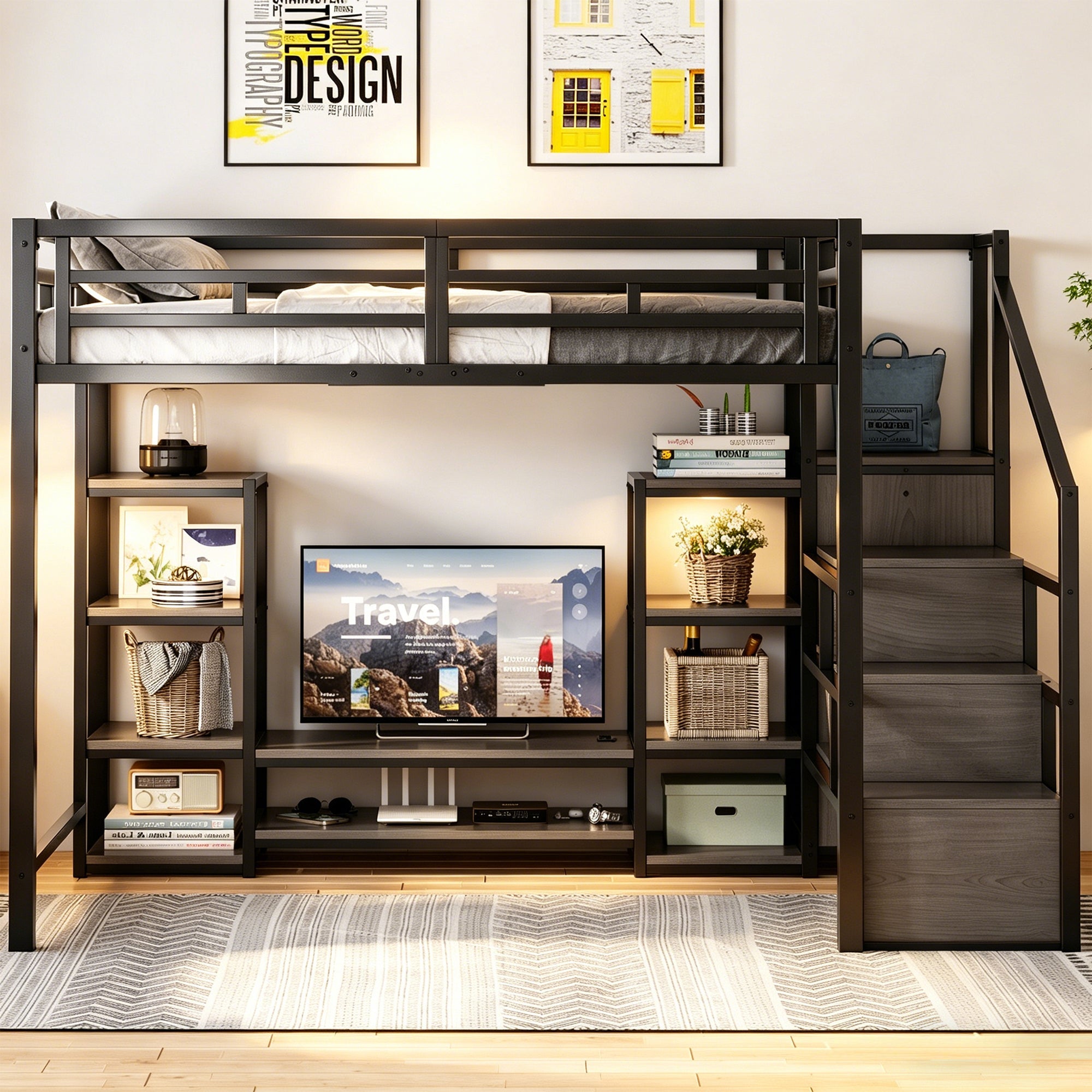 Loft Bed with TV Stand, Power Outlet and Safety Ladder, 140x200cm, Bla ...