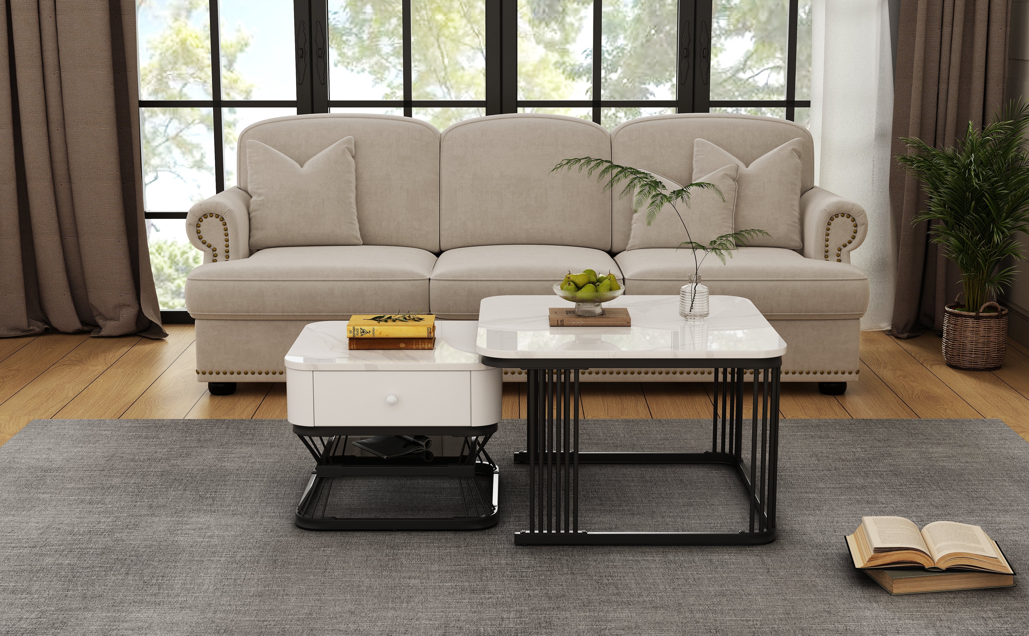 2-Piece Geometric Coffee Table Set with Drawer, High-Gloss Marble Look, White/Black