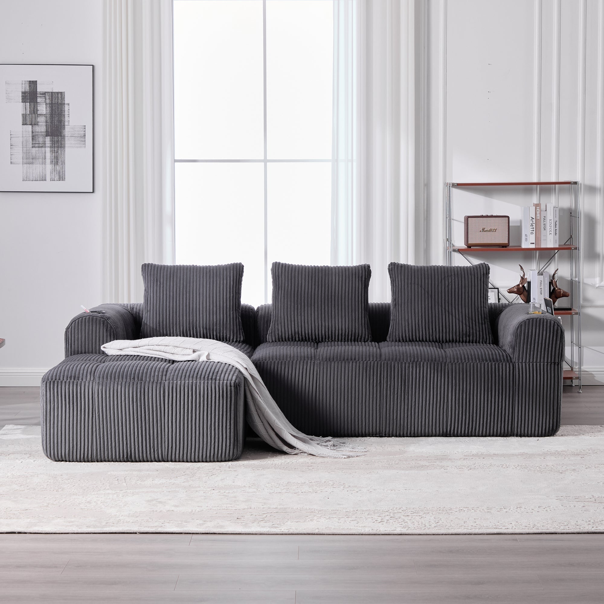 Compact Sofa Modular Side Pocket Cup Holder 3 Cushions - Corduroy Dark Gray