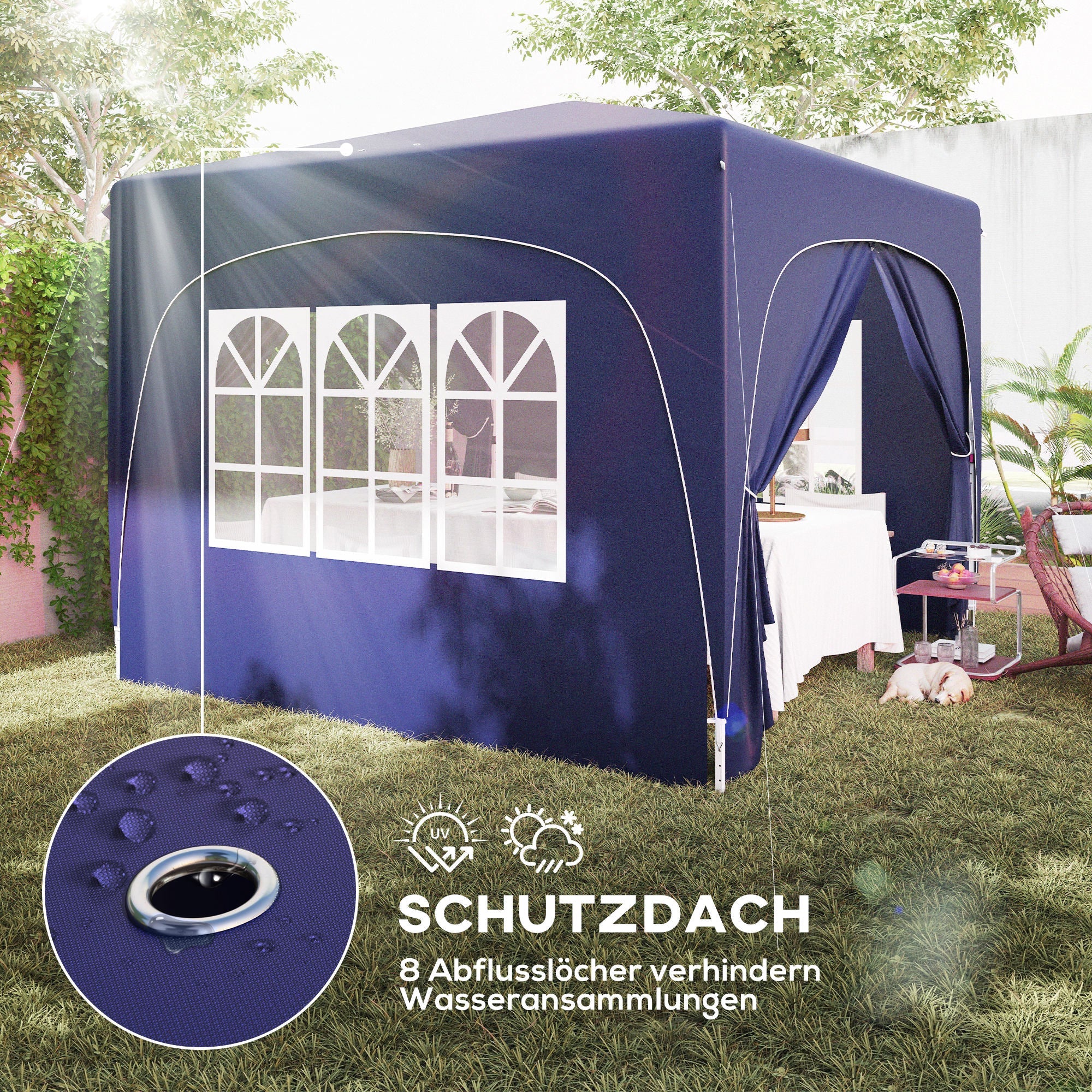 3x3m Gazebo Pop-Up Folding, Water-Repellent, UV 50+, 4 Side Panels, Dark Blue