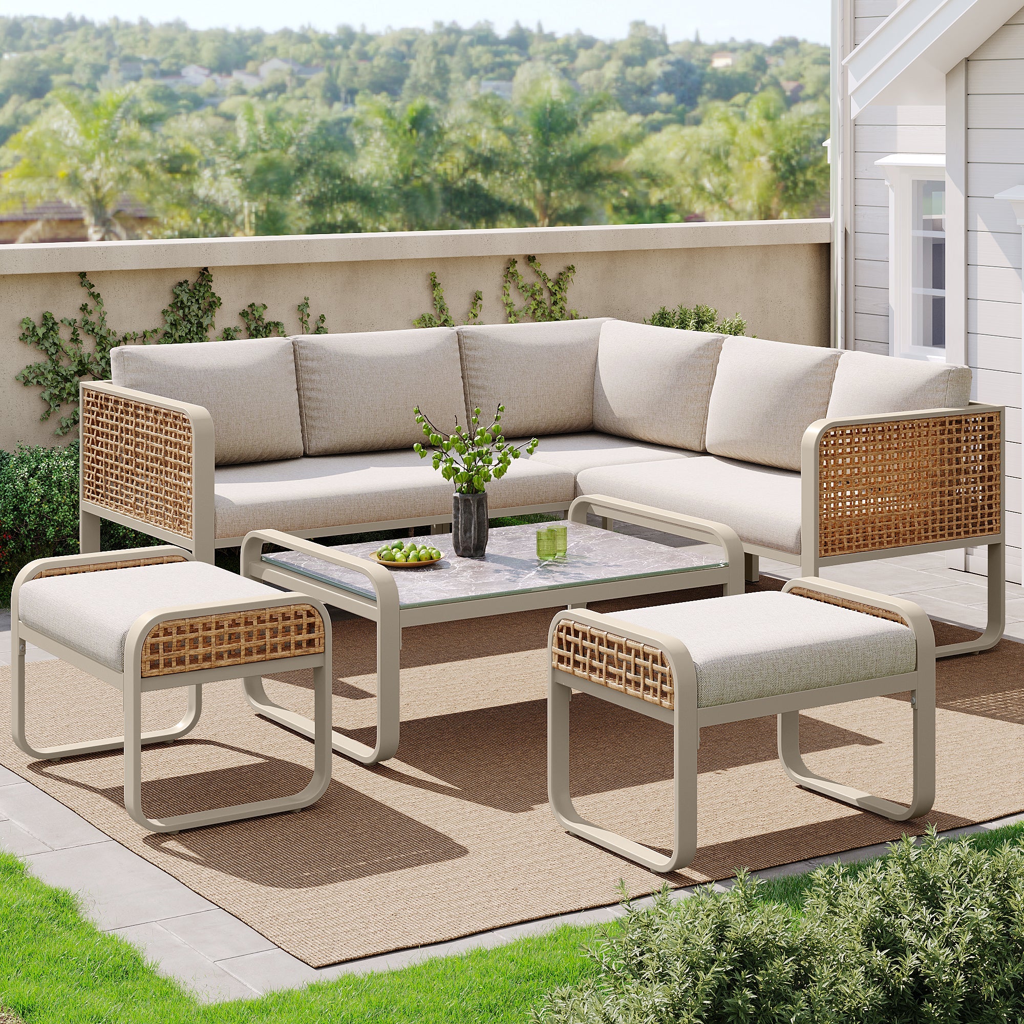 Garden Lounge Set Rattan Corner Sofa 6-7 Seater Adjustable Legs - Beige